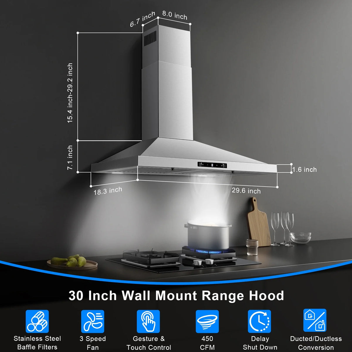 New 30 Inch Stainless Wall-Mounted Kitchen Range Hood 3-Speed Fan Exhaust Vent Gesture/Touch 120V