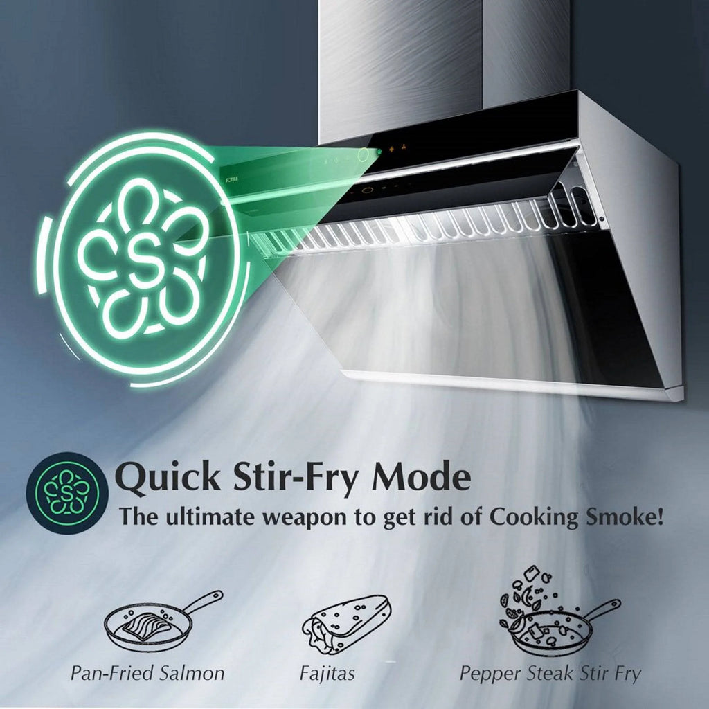 FOTILE Slant Vent Series 30" 1000 CFM Under Cabinet or Wall Mount Range Hood with 2 LED lights, Motion and Touch Activation in Onyx Black Tempered Glass
