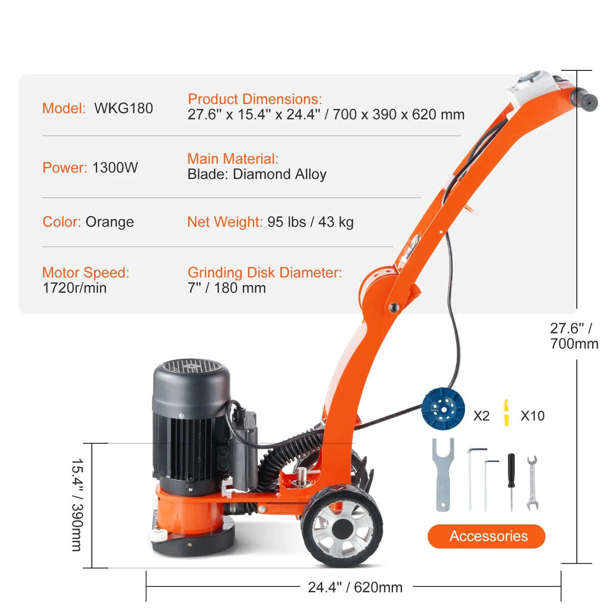 SKYSHALO Electric Floor Grinder 7" for Walking, 1.7HP Polisher for Concrete Floors, 1300W, 1720RPM Brushless Motor, Efficient Grinding Machine for Granite/Marble/Stones