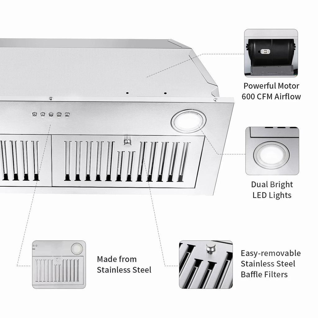 Range Hood 30 inch Insert Vent Hood 600 CFM Built-in Stainless Steel Range Hood Powerful Exhaust Vent Fan