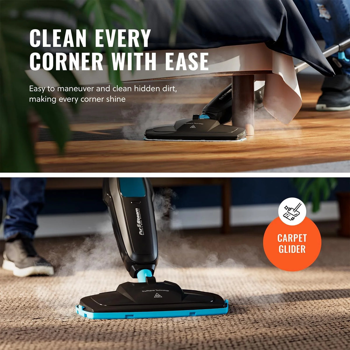 Pursteam ScrubMaster Steam Mop with Dual Scrubbing Head, LED Headlights, Adjustable Steam Control, Anti-Slip Swivel Head, Cable Holder & Upright Lock