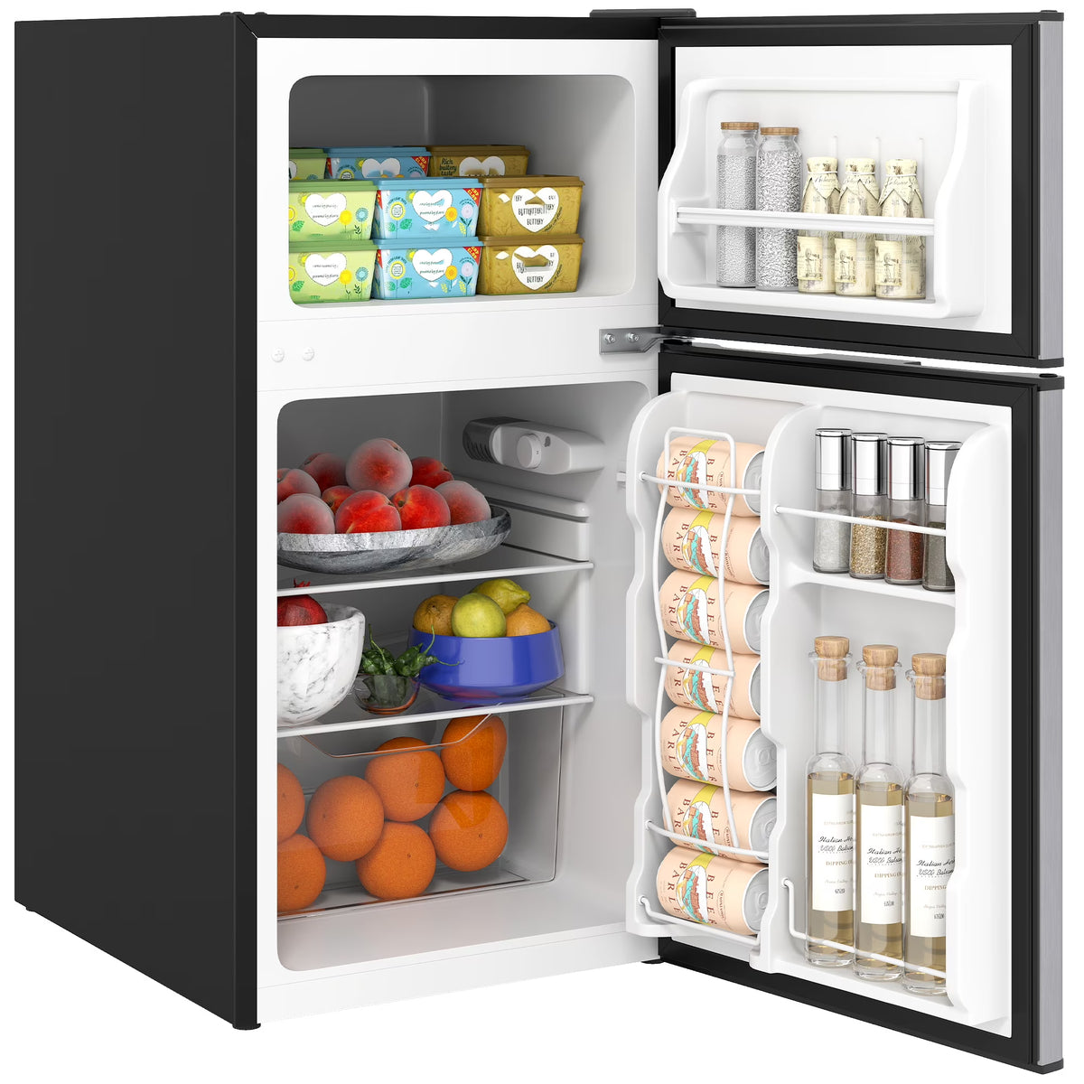 Homiyad 3.2 Cu.Ft Mini Fridge with Freezer, Double Door Compact Refrigerator with Adjustable Thermostat, Shelf and Reversible Door for Bedroom, Dorm, Home Office, Energy Efficient, Black