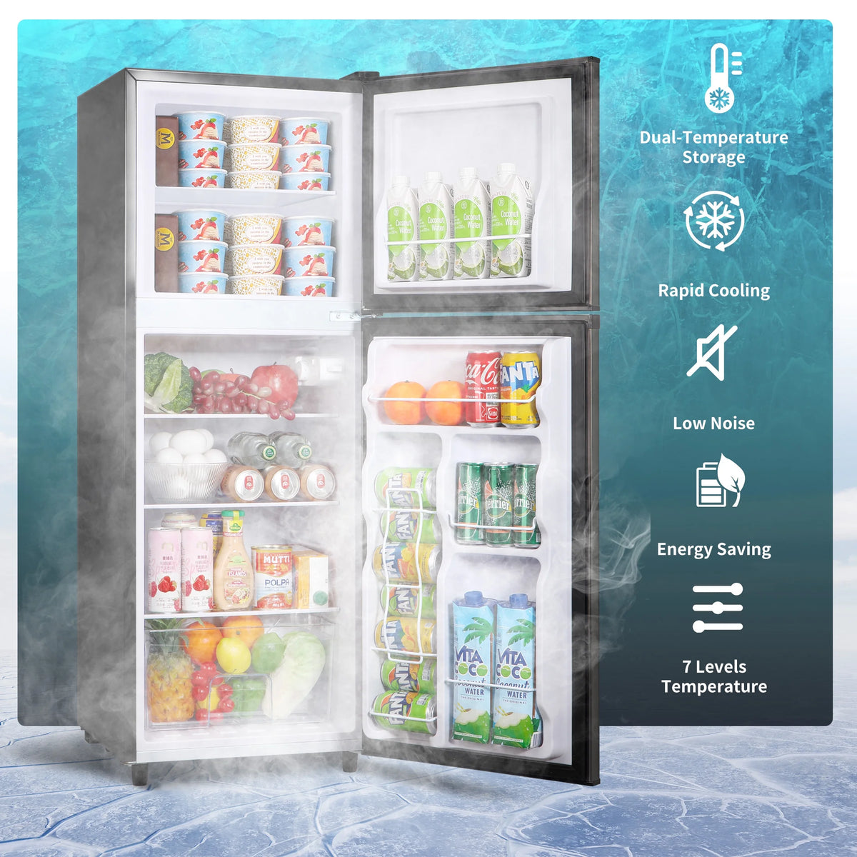 CALLIEVER 2-Door Mini Fridge with Freezer,5.0 Cu.Ft Compact Refrigerator for Dorm,Bedroom,Office�C7-Level Temp Control,Reversible Door,Black