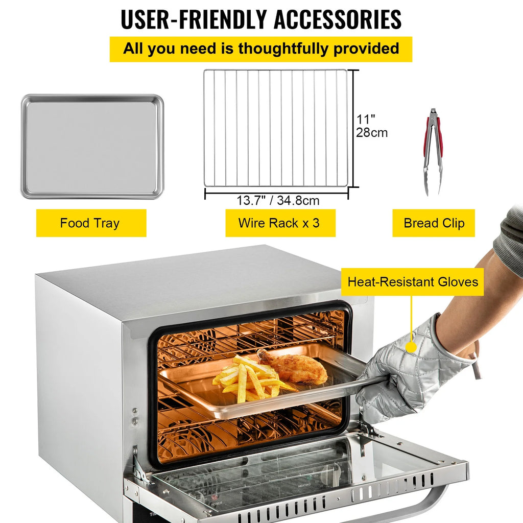 KFFKFF Commercial Convection Oven, 21L/19Qt, Quarter-Size Conventional Oven Countertop, 1440W 3-Tier Toaster w/ Front Glass Door, Electric Baking Oven w/ Trays Wire Racks Clip Gloves