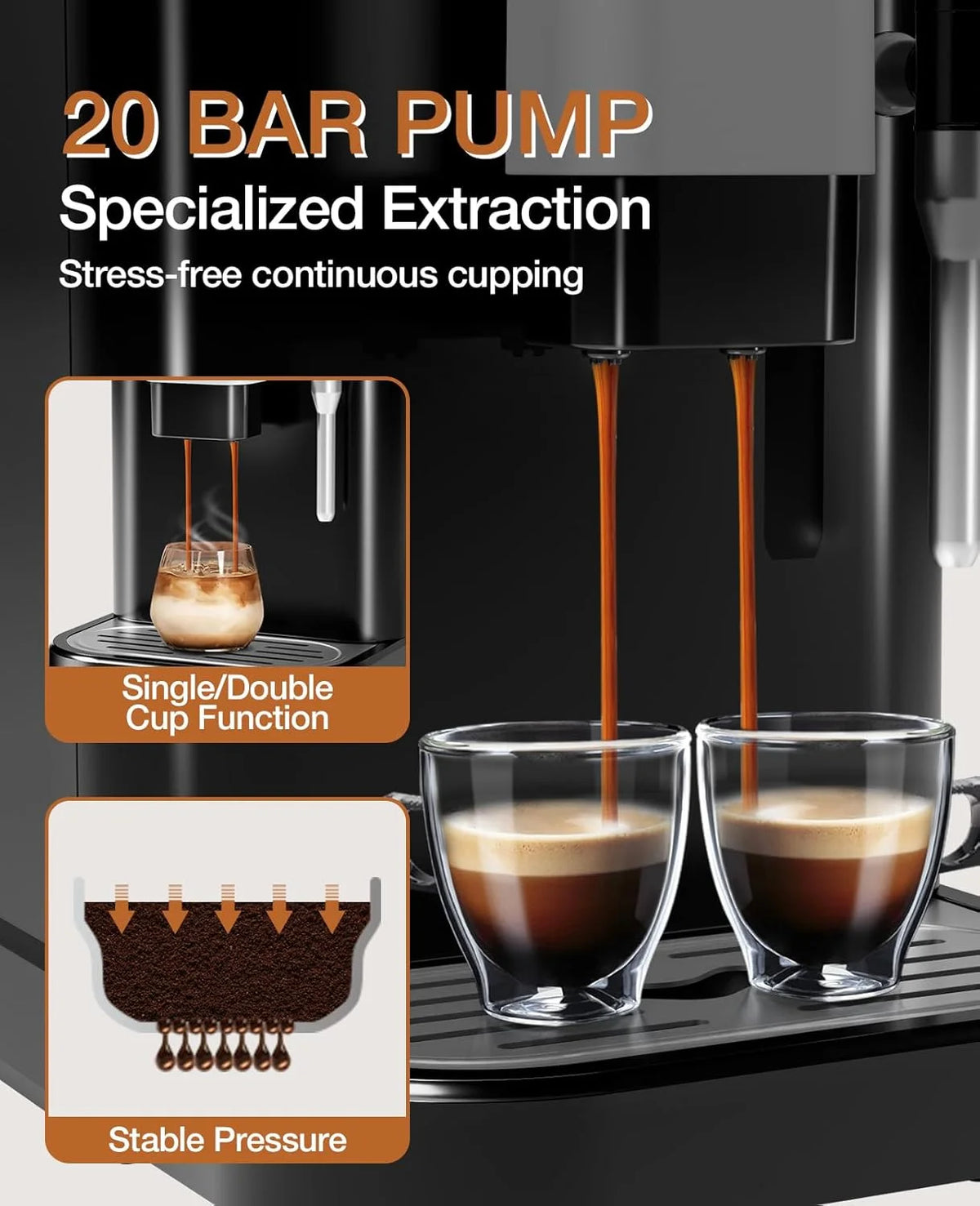 Espresso Machine, 20 Bar Pump Pressure for Balanced Extraction, Professional Espresso Maker with Milk Frother Steam Wand, 1.5L Water Tank, 1-15 Adjustable Grind Size Levels, Gift for Coffee Lover