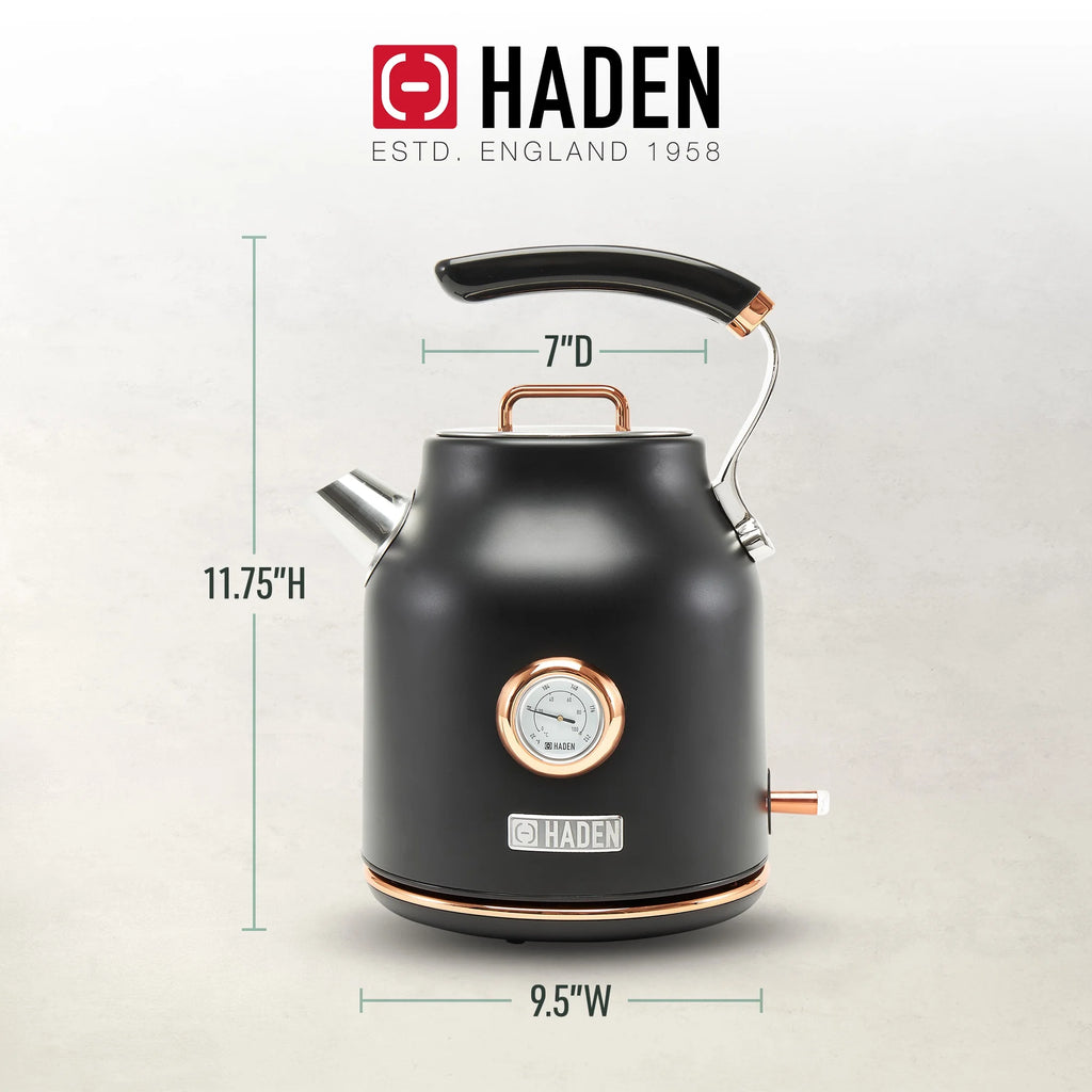 Open Box Haden 1.7 Liter Electric Water Kettle w/ 360-Degree Base, Black/Copper