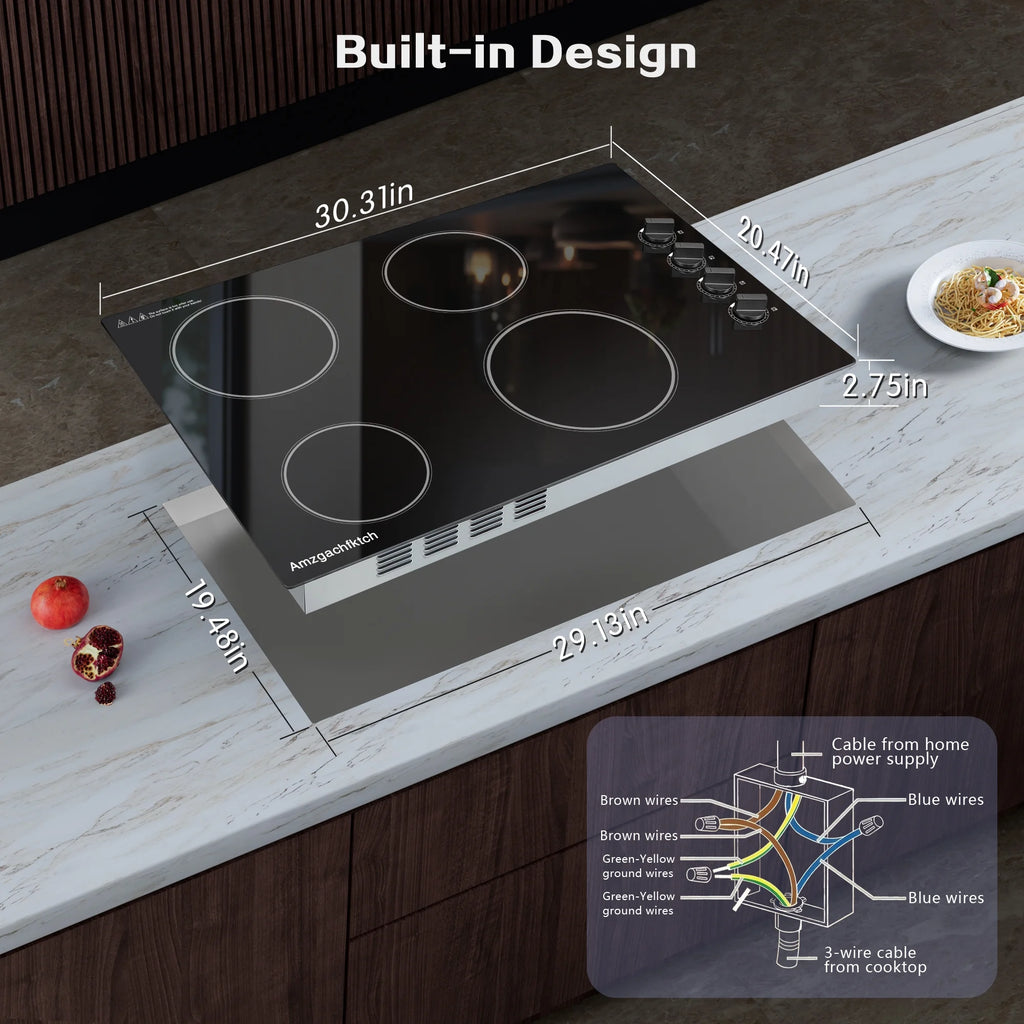 30 inch 4 Burner Built in Electric Ceramic Cooktop 6700W 240V with Hot Surface Indicator Radiation-Free ETL Certified