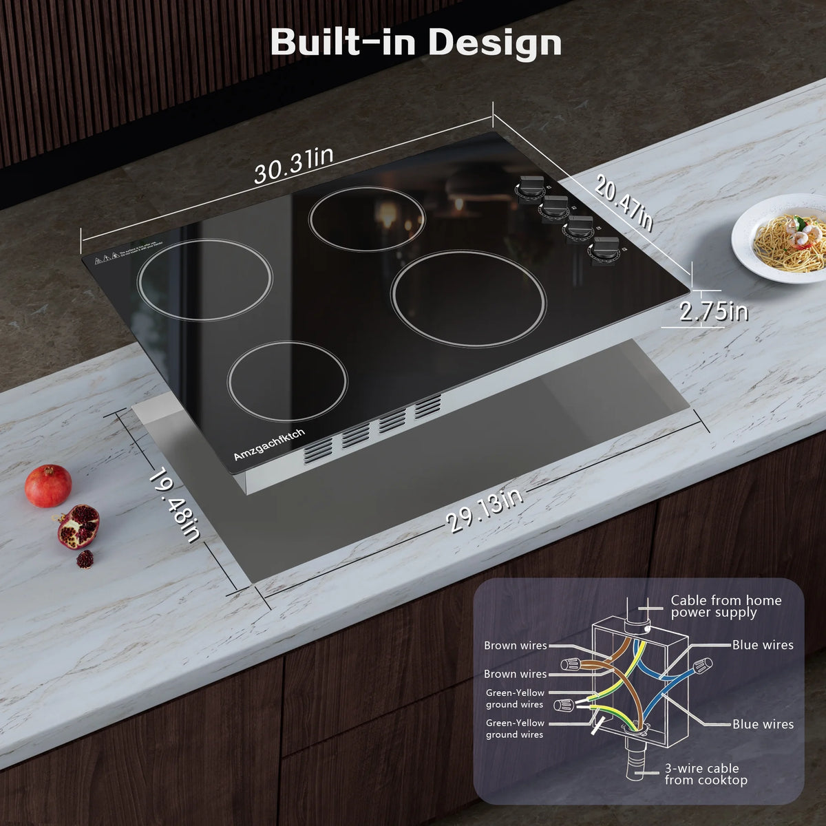 30 inch 4 Burner Built in Electric Ceramic Cooktop 6700W 240V with Hot Surface Indicator Radiation-Free ETL Certified