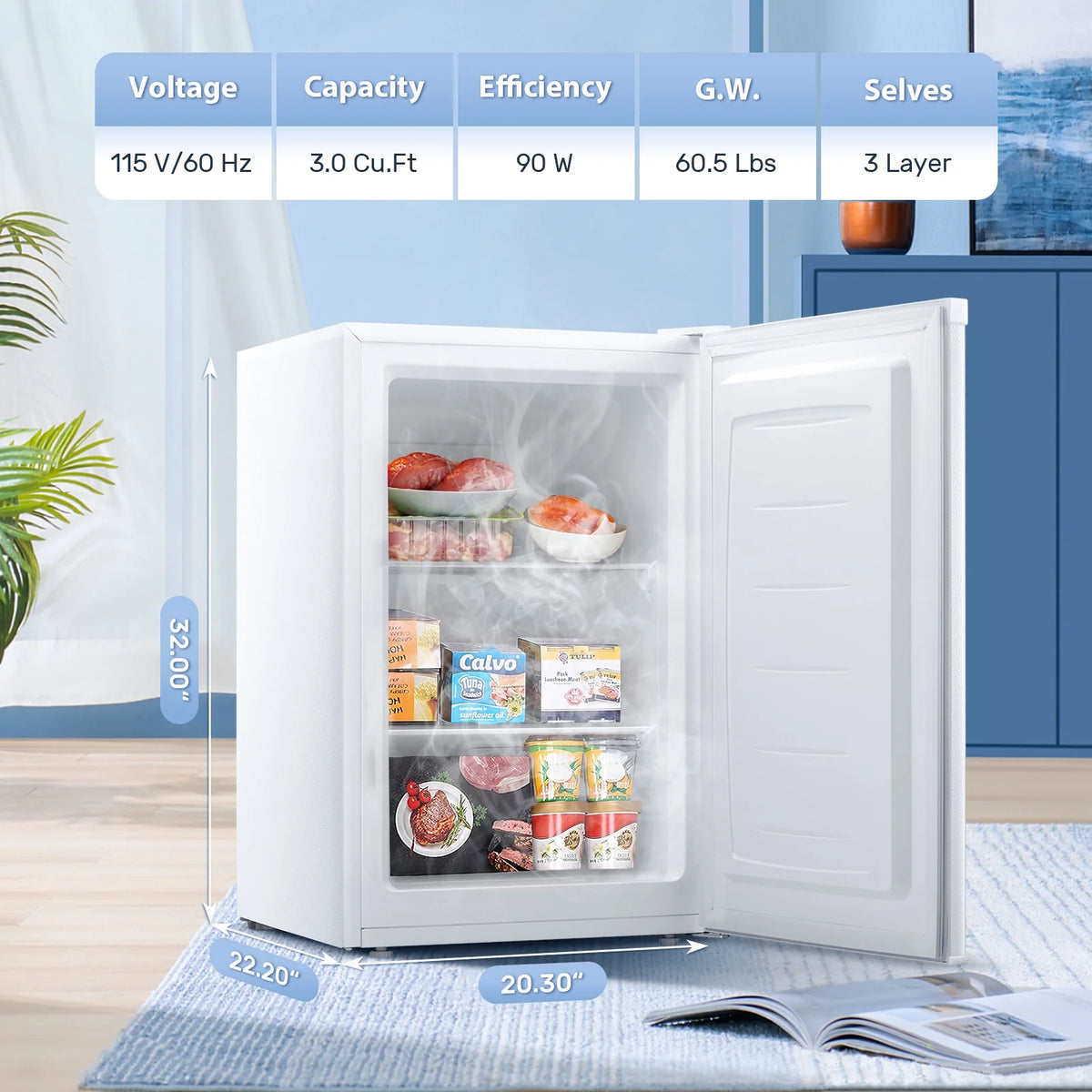 Auseo 3 Cu.ft Single Door Freezer, Compact Mini Freezer with Reversible Door for Kitchen, Apartment, Basement, Dorm, Black
