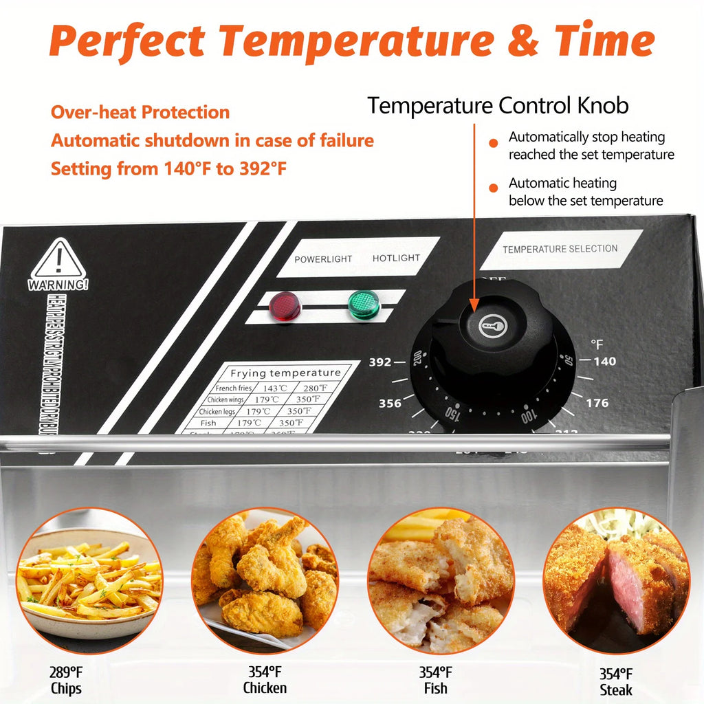 12L Stainless Steel Commercial Electric Deep Fryer - Large Capacity Countertop Fryer with Removable Tank and Lid for Easy Cleaning - Perfect for Restaurants, Cafes, and Home Use