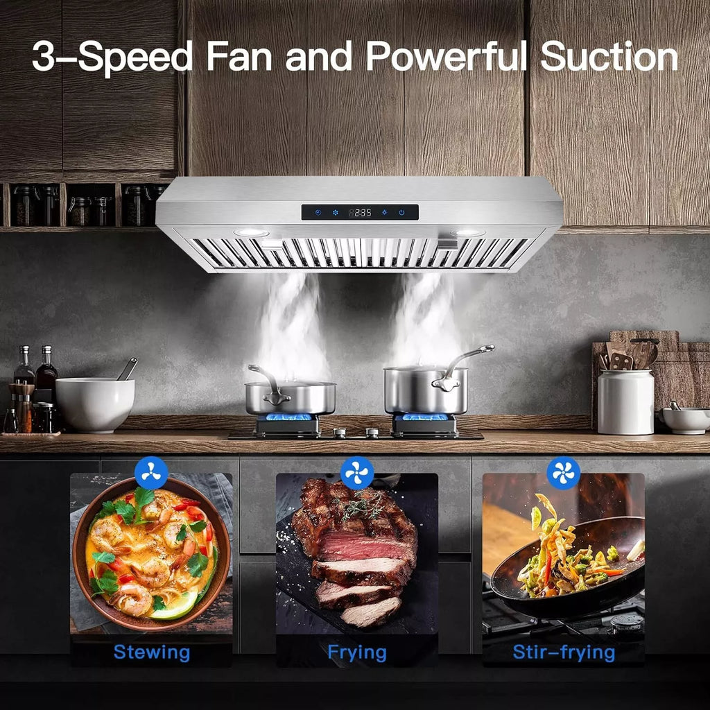 Under Cabinet Range Hood 30 inch Stainless Steel Kitchen Hood 600 CFM Stove Filter Touch Control LED Lights