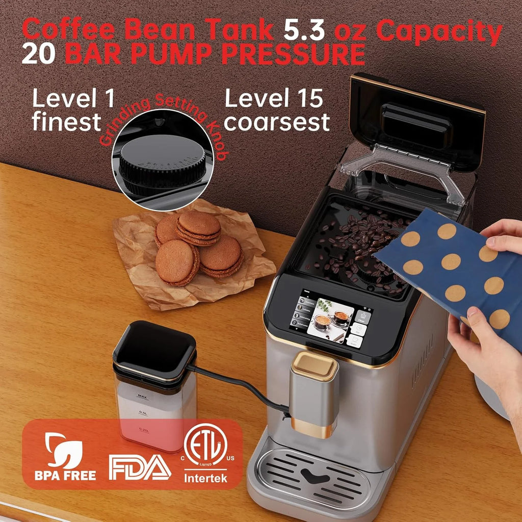 Full Automatic Espresso Machine with Built-In Grinder & Milk Frother - FTF Touchscreen Coffee Maker for Latte/Cappuccino, 20 Bar Pressur & 1.5L Water Tank, 1350W, Grey