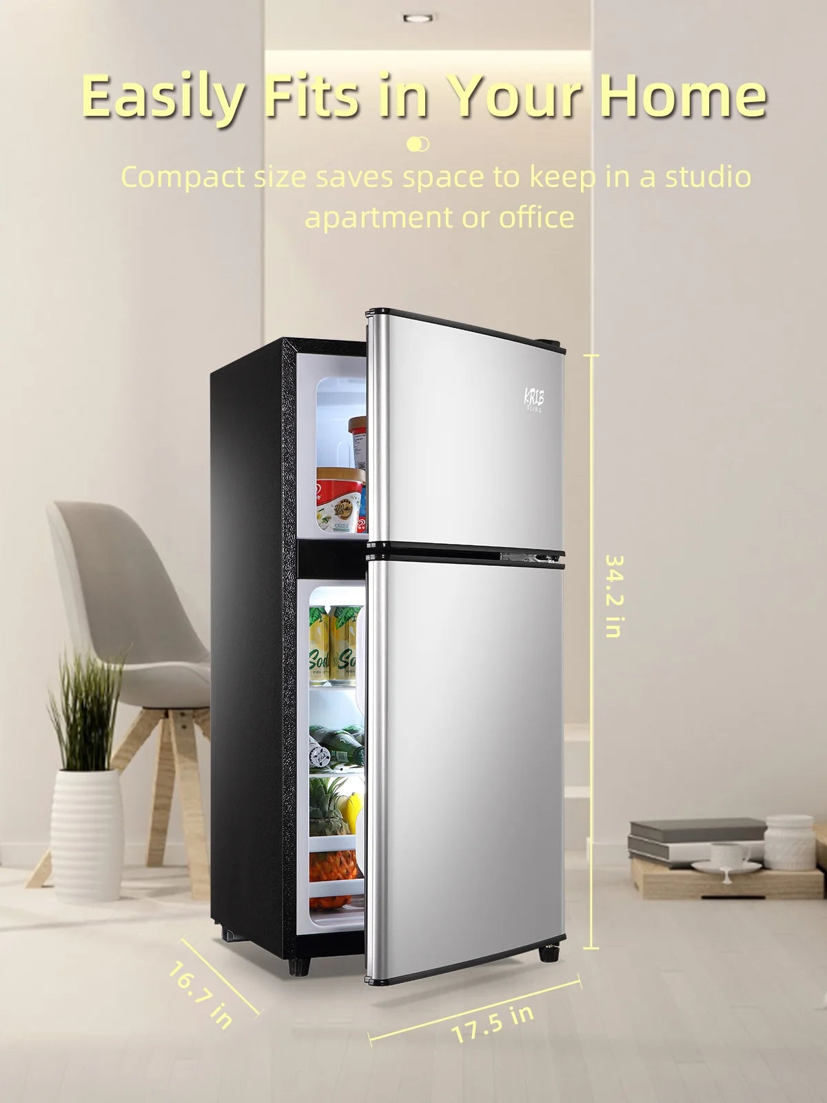 Krib B Compact Refrigerator 3.5 Cu.ft, Mini Fridge with Freezer, Modern Fridge with Dual Door, 7 Grade Temperature Adjustment, Silver