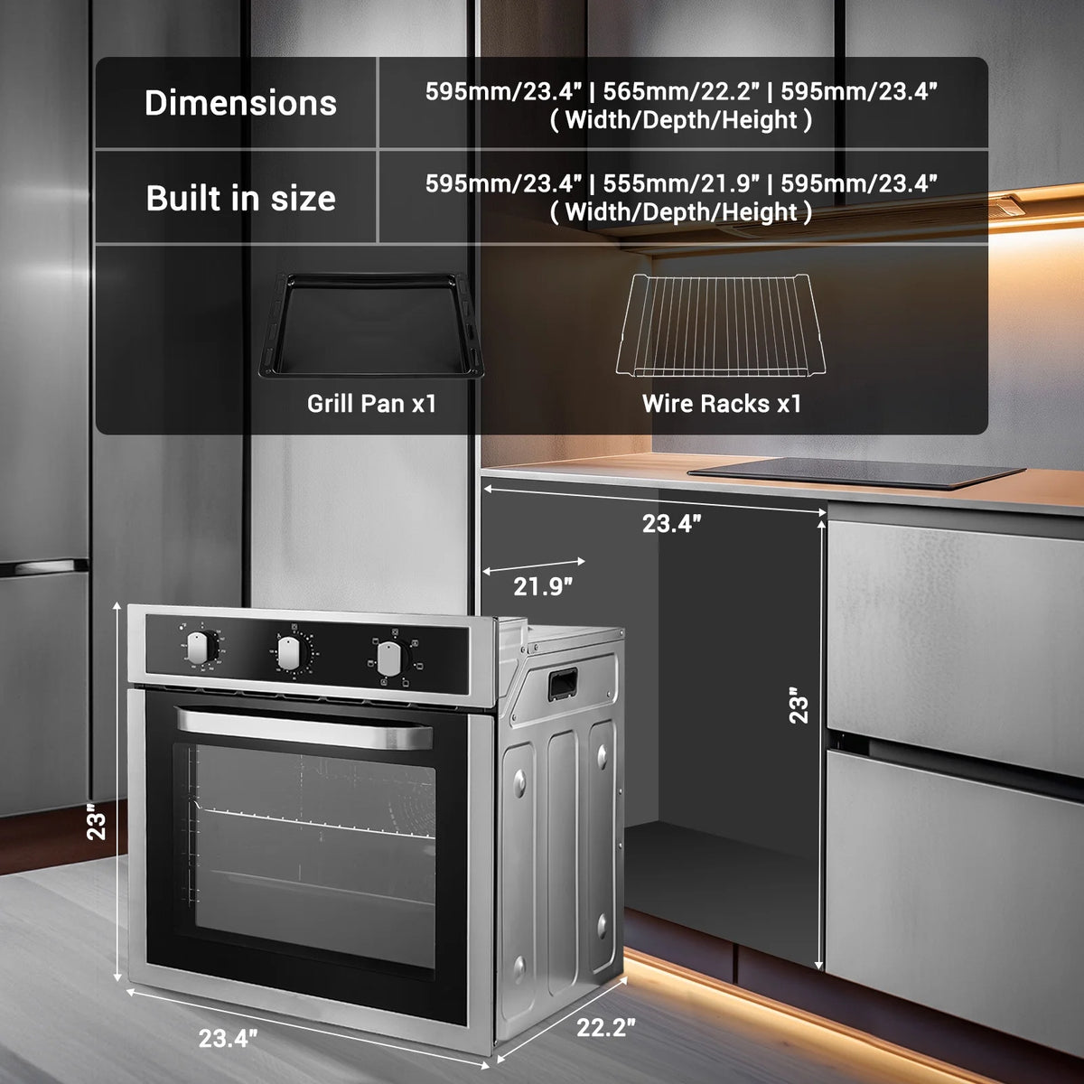 24" Single Wall Oven, Sunmaki 2.5 Cu. Ft. Built-in Electric Oven with 5 Cooking Functions, Mechanical Knobs Control