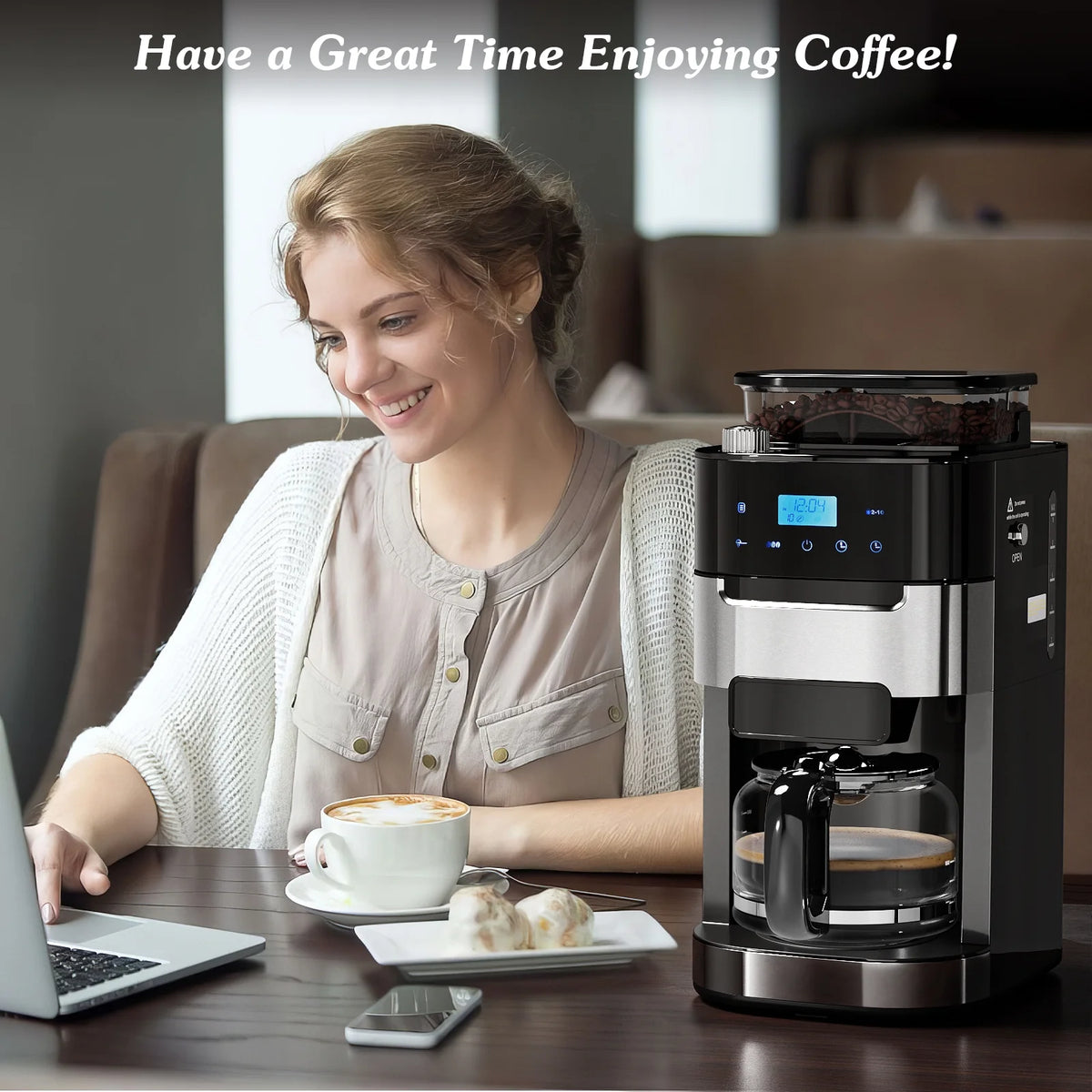 Auseo 10-Cup Drip Coffee Maker with Grinder, Grind and Brew Coffee Maker, 12-Hour Timer, 3 Brew Strength Options, Touch Screen, 1.5L Water Tank, Black