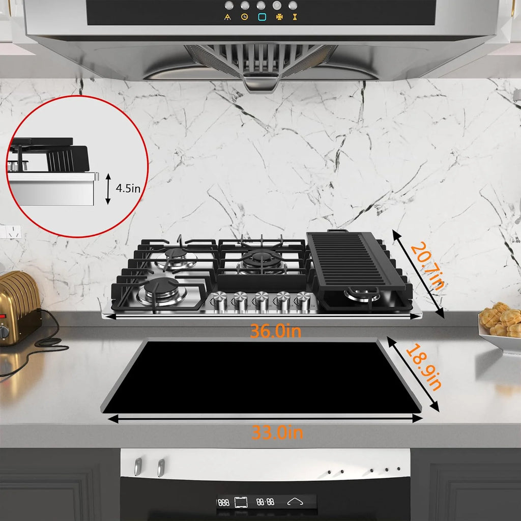 36 Inch Gas Cooktop with Griddle, 5 Burners Gas Stove Top with Reversible Cast Iron Grill/Griddle, NG/LPG Convertible, Stainless Steel Propane Cooktop with Thermocouple Protection