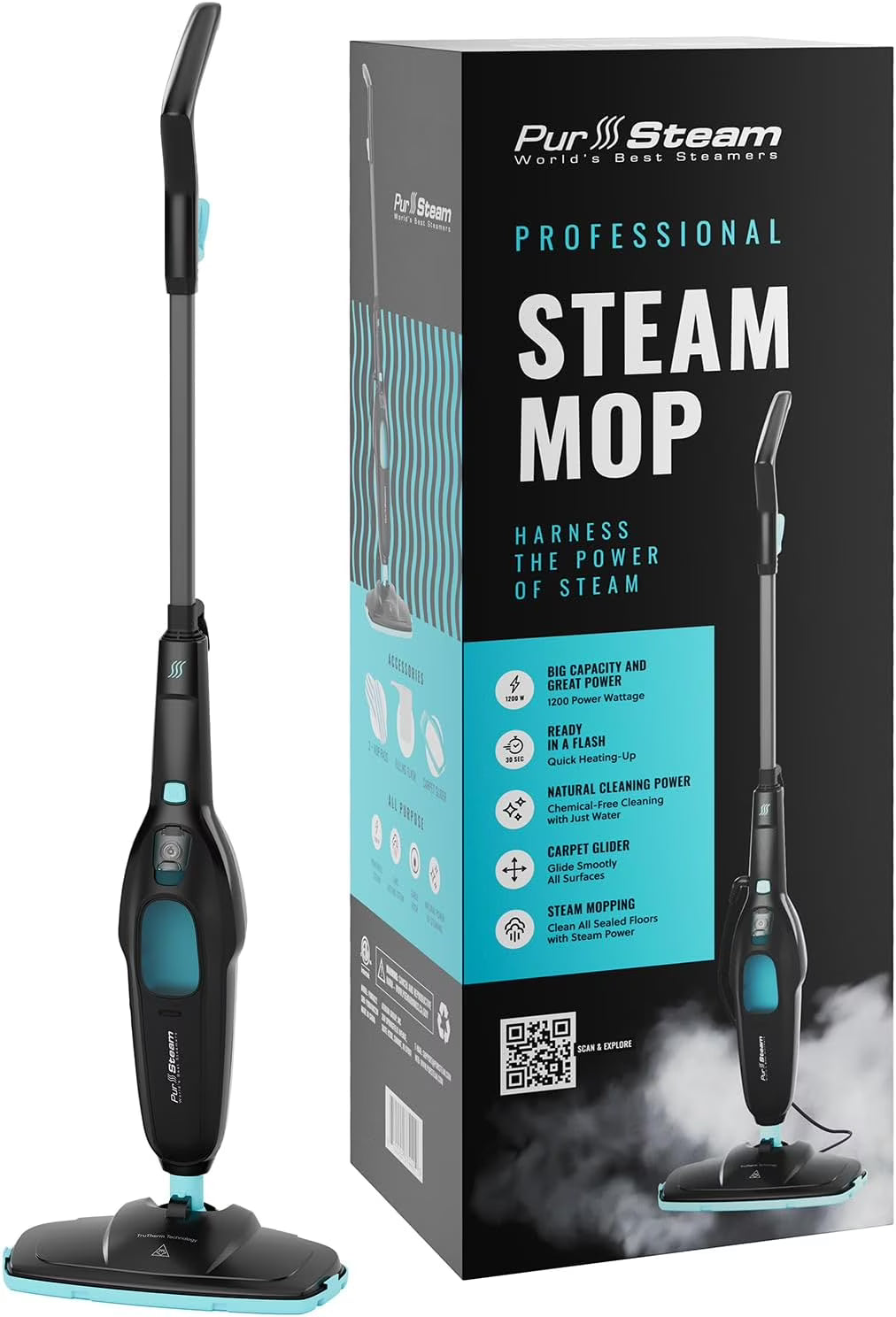 Pursteam ScrubMaster Steam Mop with Dual Scrubbing Head, LED Headlights, Adjustable Steam Control, Anti-Slip Swivel Head, Cable Holder & Upright Lock