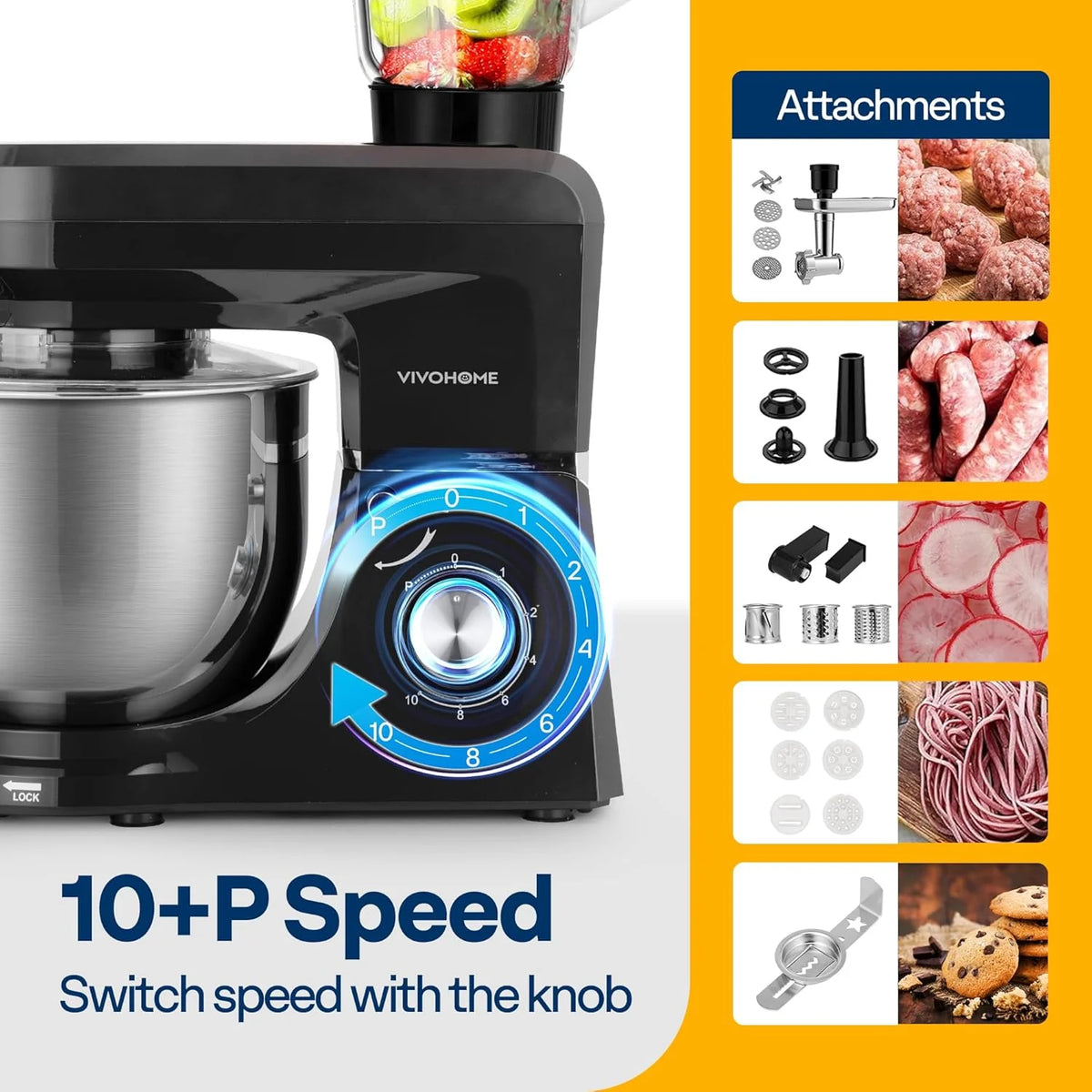SPECSTAR 6 in 1 Multifunctional Stand Mixer with 8.5 Quart Stainless Steel Bowl, 660W 10 Speed Tilt-Head, Silver