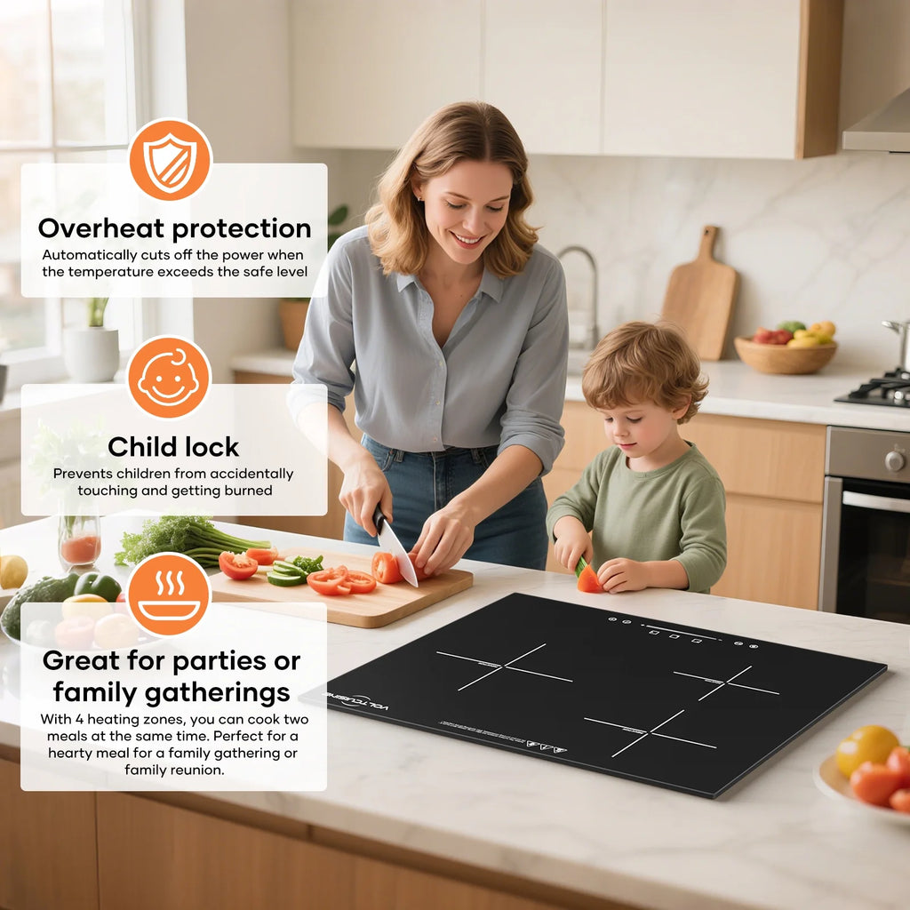 VoltCuisine Double/Dual Induction Cooktop 2 Burner, Shatter-proof Flat Glass Top, 9 Heat Settings, LED Touch Display with Child Safety Lock & Overheat Protection