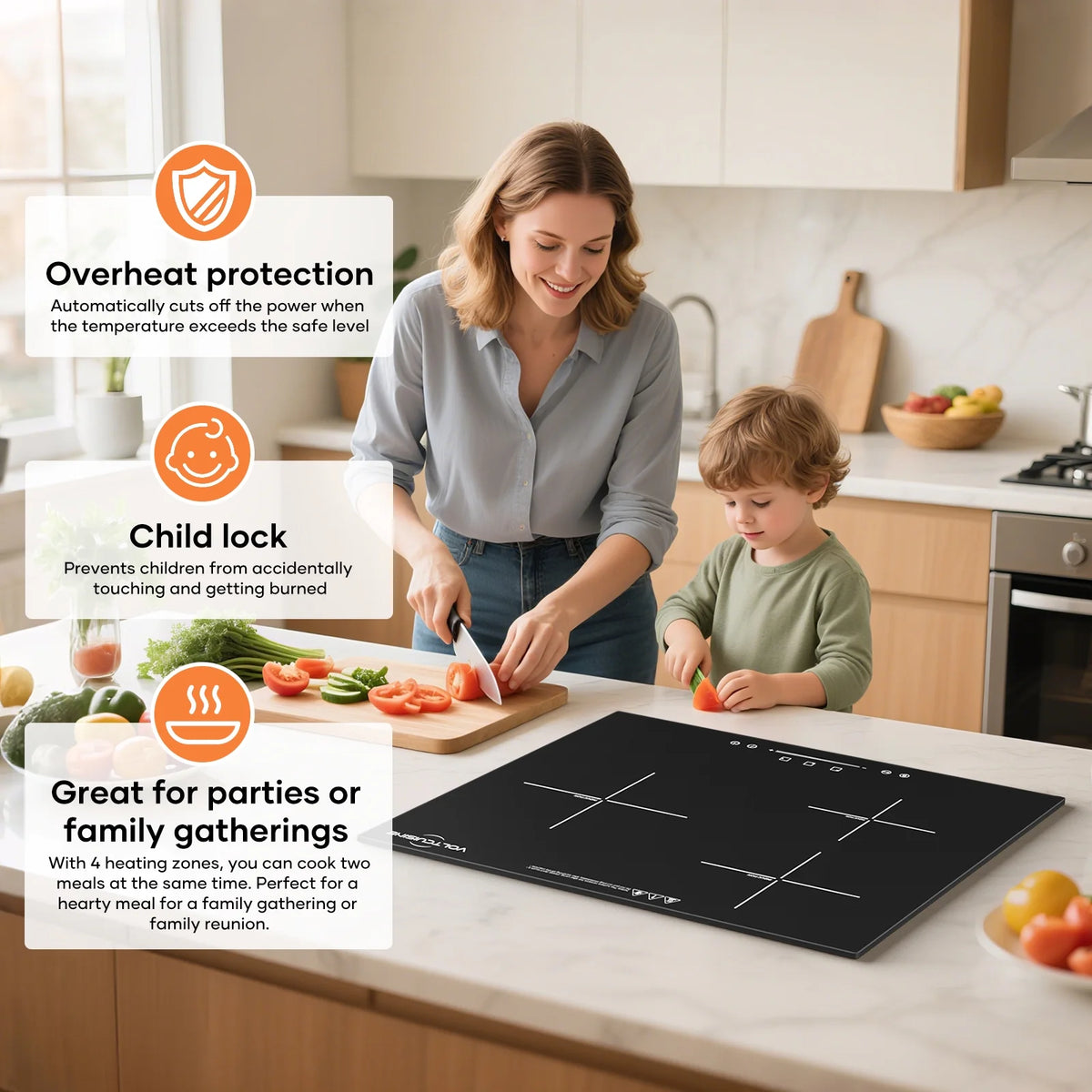 VoltCuisine Double/Dual Induction Cooktop 2 Burner, Shatter-proof Flat Glass Top, 9 Heat Settings, LED Touch Display with Child Safety Lock & Overheat Protection