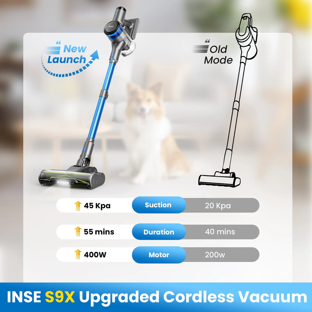 INSE Cordless Stick Vacuum Cleaner for Pet Hair Hard Floors Carpet, New S9X, 55 Mins Runtimes & 45 Kpa Powerful Suction