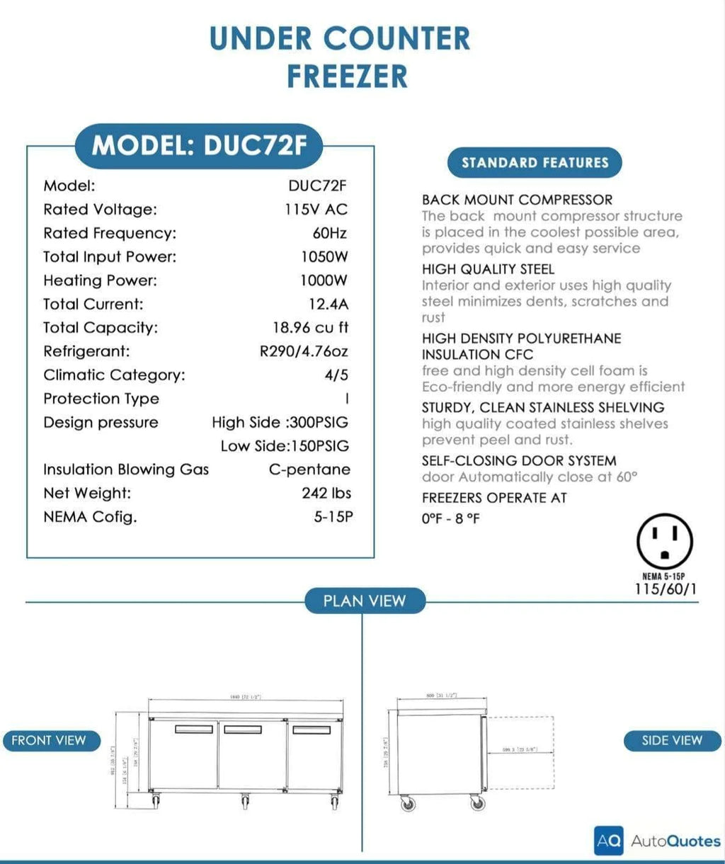 Dukers DUC72F 7225 in Undercounter Commercial Freezer, Stainless Steel