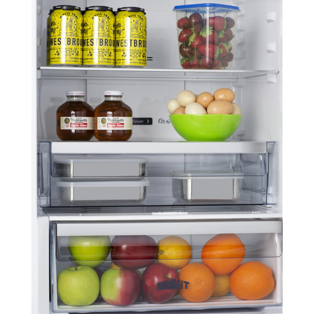 European counter depth bottom freezer refrigerator with stainless steel doors, platinum cabinet, factory installed icemaker, and digital controls for each section