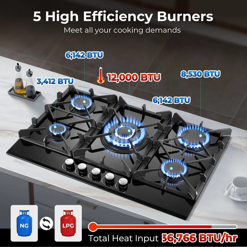 Amzgachfktch Gas Cooktop 30 Inch 5 Burners Stove Top Built-in NG/LPG Convertible with Thermocouple Protection