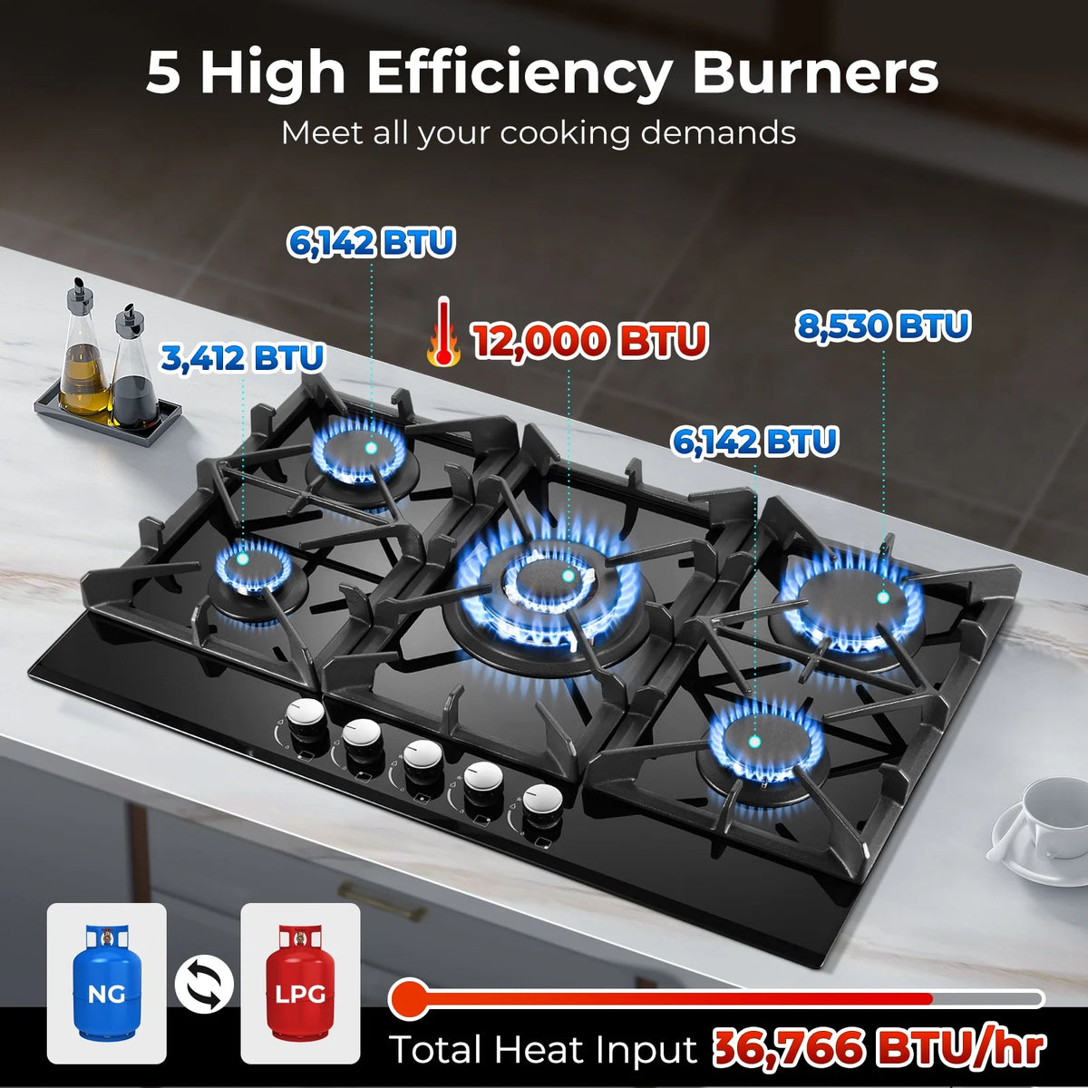 Amzgachfktch Gas Cooktop 30 Inch 5 Burners Stove Top Built-in NG/LPG Convertible with Thermocouple Protection