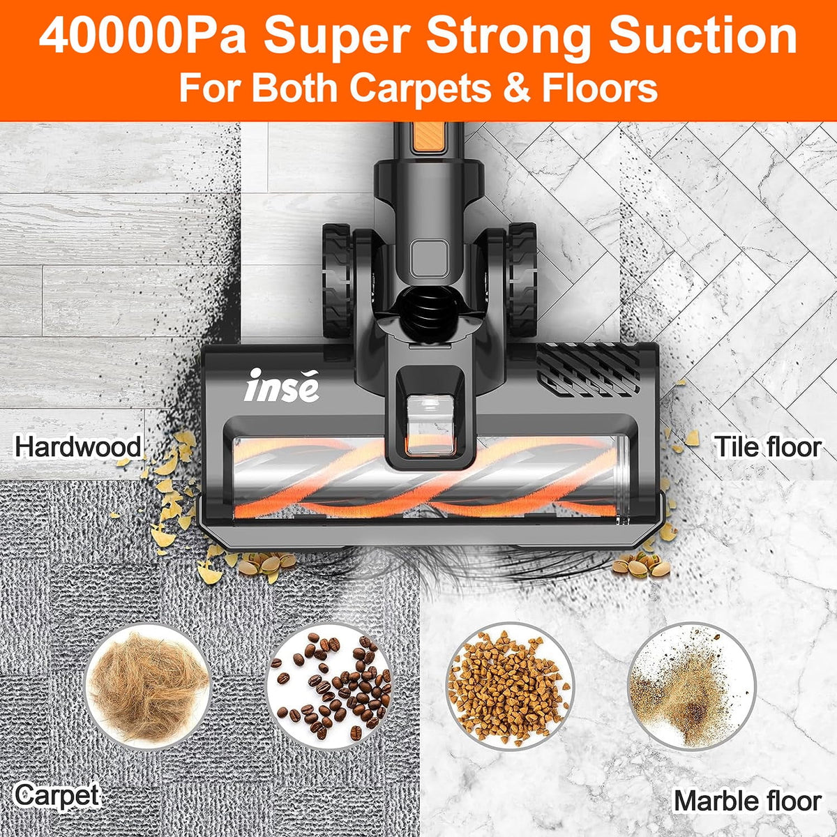 INSE Cordless Vacuum Cleaner, 40kPa Rechargeable Stick Vacuum with 300W Brushless Motor for Carpet Hardwood Floor Pet Hair,S620
