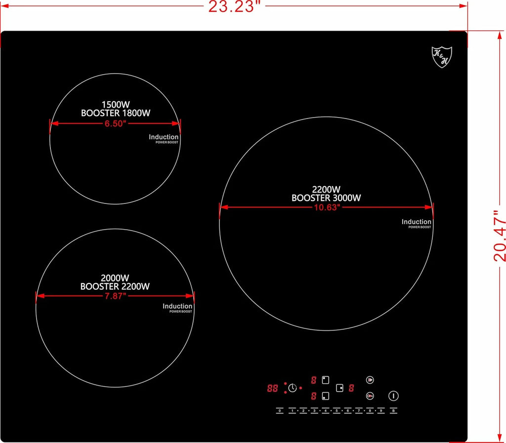 K&H 3 Burner 24 Inch Built-in Induction Electric Stove Top Ceramic Cooktop Touch Control 240V 6000W IN24-6803TB