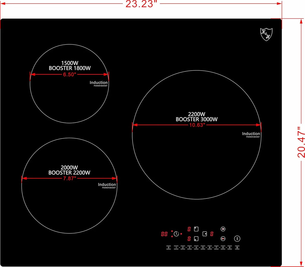 K&H 3 Burner 24 Inch Built-in Induction Electric Stove Top Ceramic Cooktop Touch Control 240V 6000W IN24-6803TB