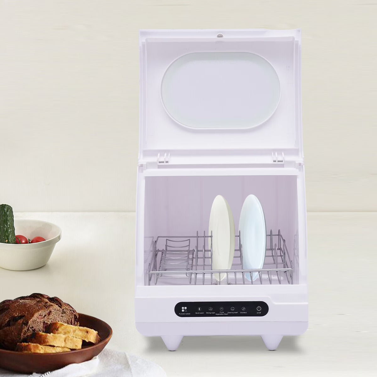 FETCOI Countertop Dishwasher, Compact Countertop 360Streak-Free Deep Cleaning Dishwasher Tableware Dishwashing 5 Washing Programs Automatic Portable Dish Washing Machine with Dish Rack White