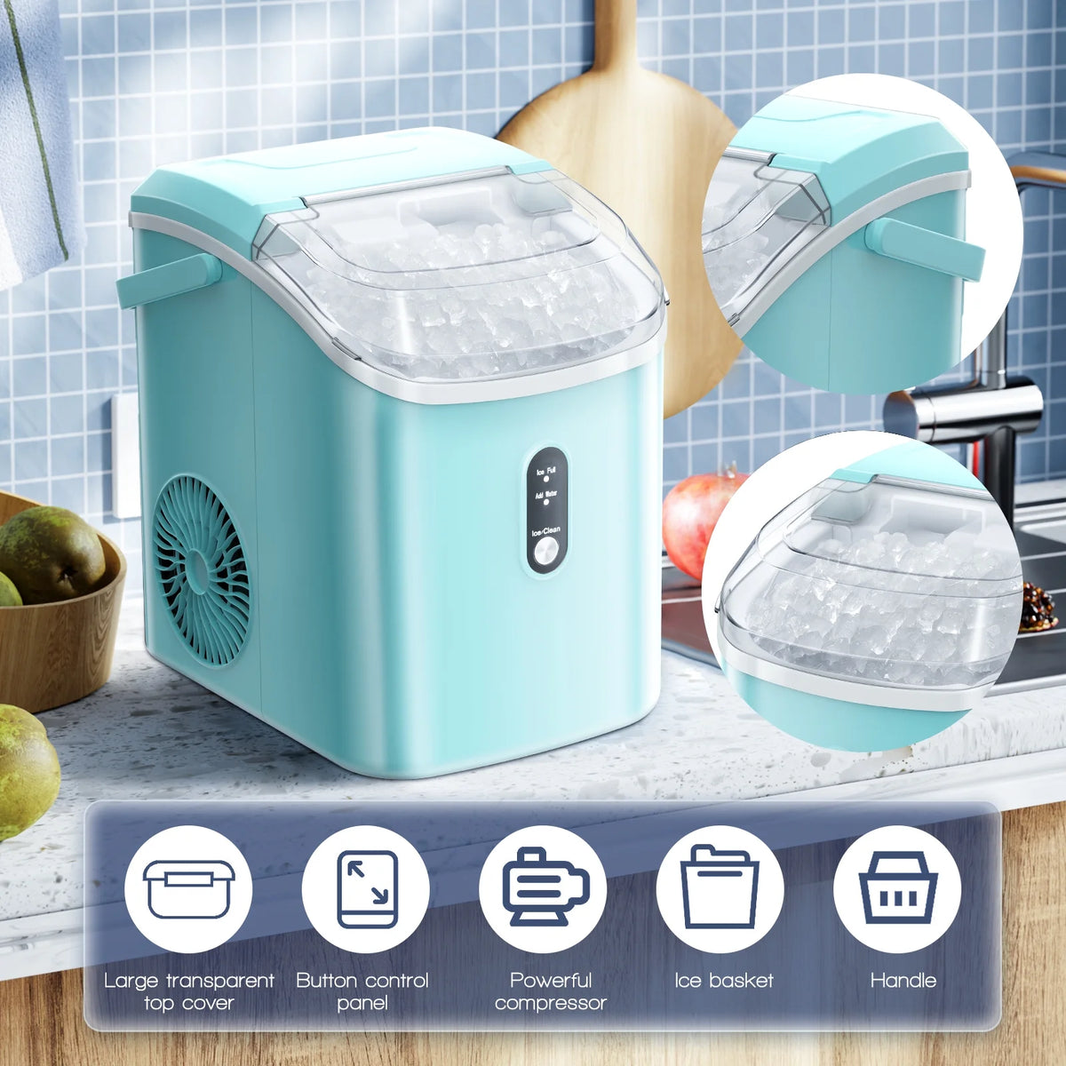 Electactic Nugget Ice Maker Countertop, 35lbs/24H, Self-Cleaning, Pebble Portable Ice Machine with Handle (White)