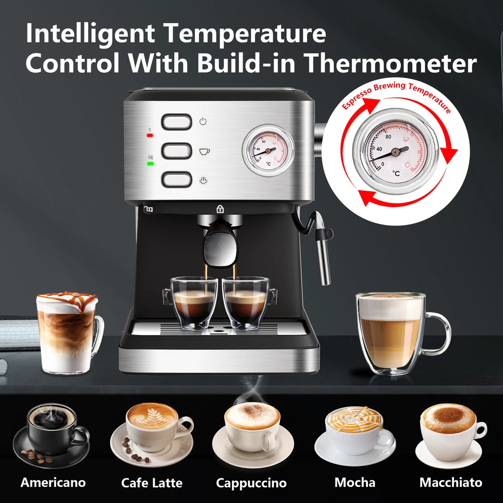 Bluebow Espresso Machine 20 Bar, 1.5L Water Tank Pressure Gauge Milk Frother Steam Coffee Maker, Silver