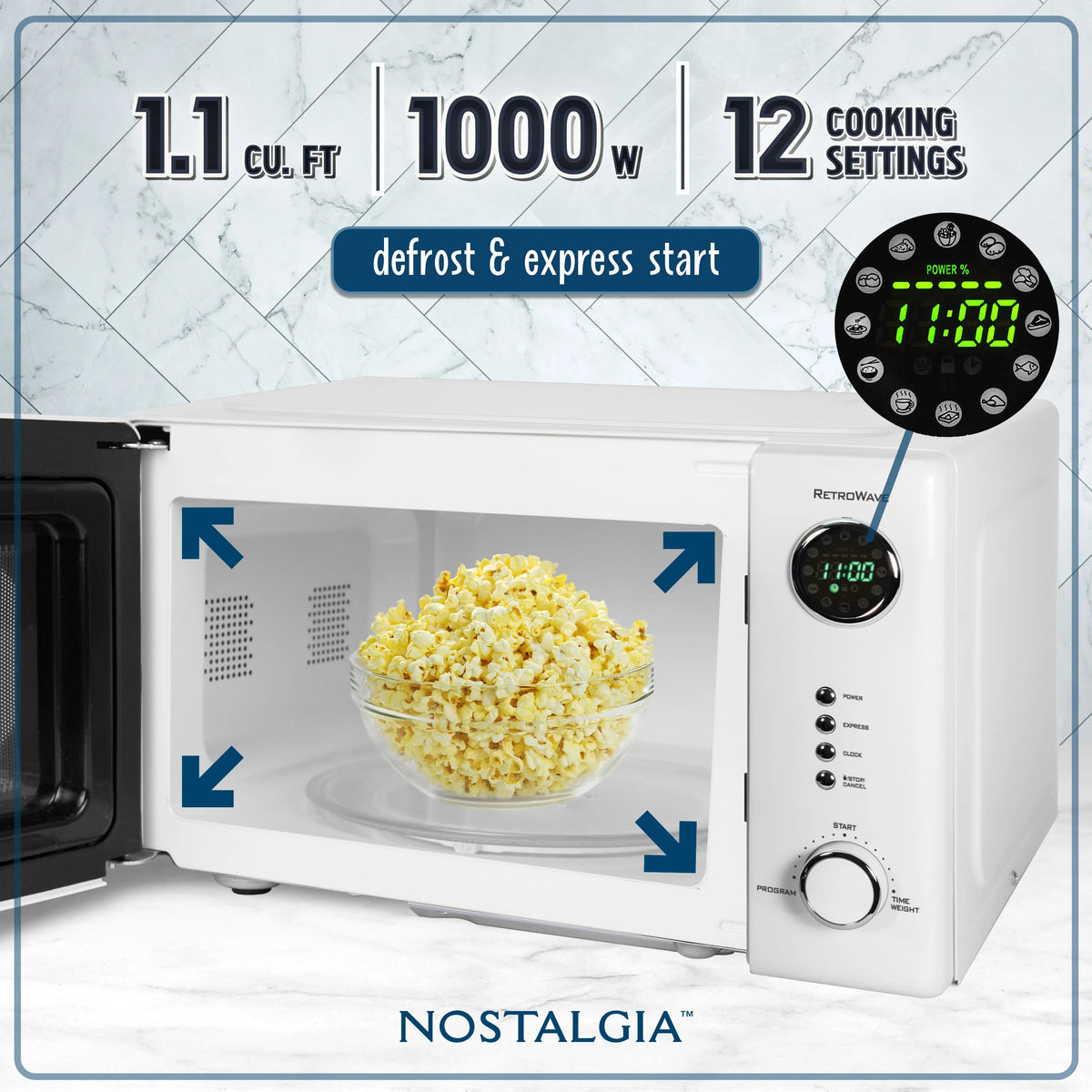 Nostalgia Retro Countertop Microwave Oven - Large 1000-Watt - 1.1 cu ft - 12 Pre-Programmed Cooking Settings - Digital Clock - Kitchen Appliances - Black