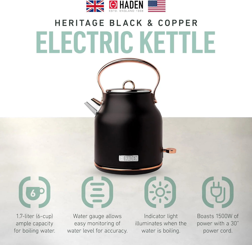 Heritage 1.7L Stainless Steel Electric Water Tea Kettle, Black & Copper