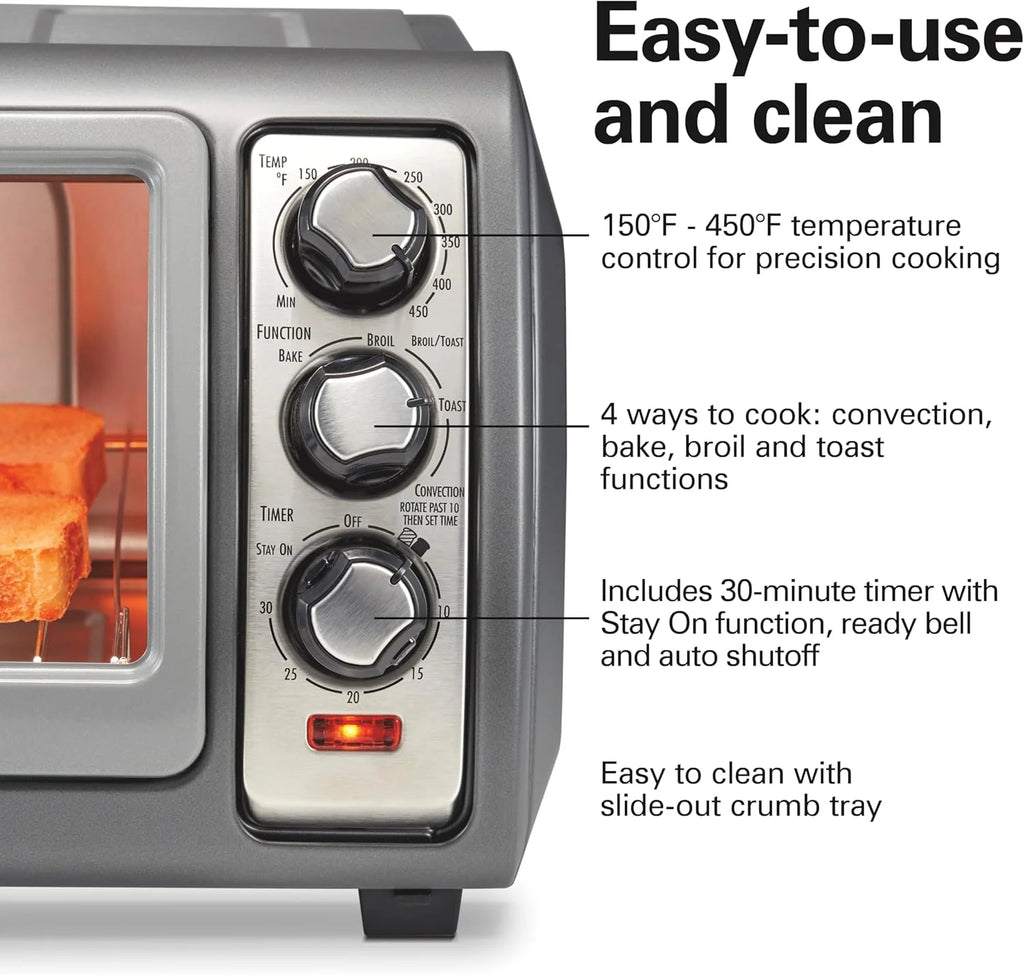 6 Slice Convection Toaster Oven With Easy Reach Roll-Top Door, Bake, Broil & Toast Functions, Auto Shutoff, Silver (31123DA)