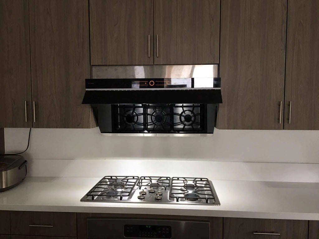 FOTILE JQG9001 Slant Vent Series 36" 850 CFM Under Cabinet or Wall Mount Range Hood with 2 LED lights and Touchscreen in Onyx Black Tempered Glass