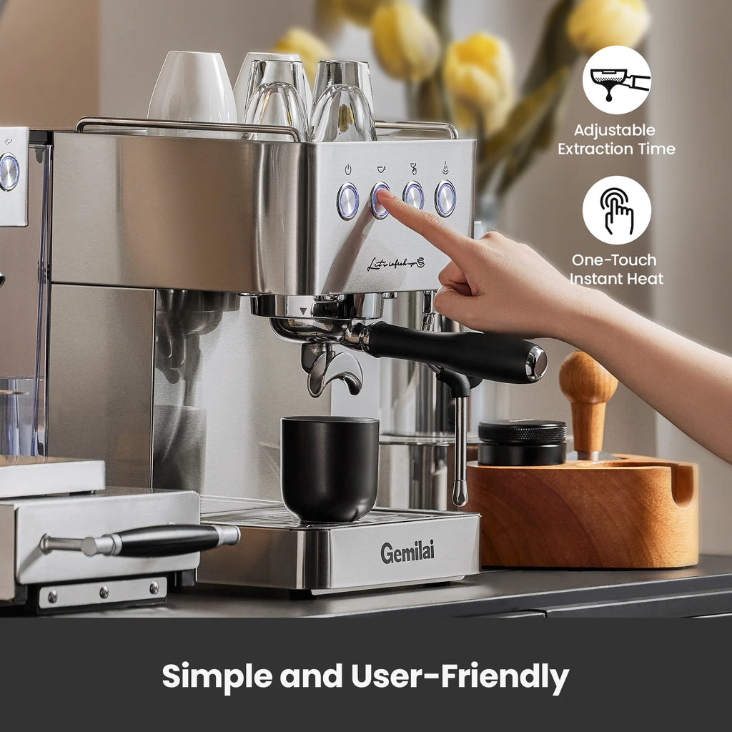Gemilai G3005E Espresso Machine, Professional Espresso Maker With Milk Frother Steam Wand & 57oz Water Tank, Espresso Maker With 1500W Fast Heating For Latte Macchiato Cappuccino, Brushed Stainless S
