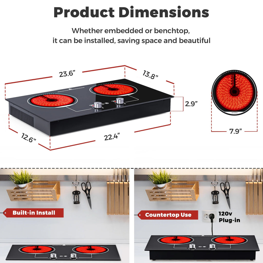 Advwin 2-Burner 1800W Electric Cooktop with Child Safety Lock, Timer & 10 Power Settings - 110V Countertop Stove