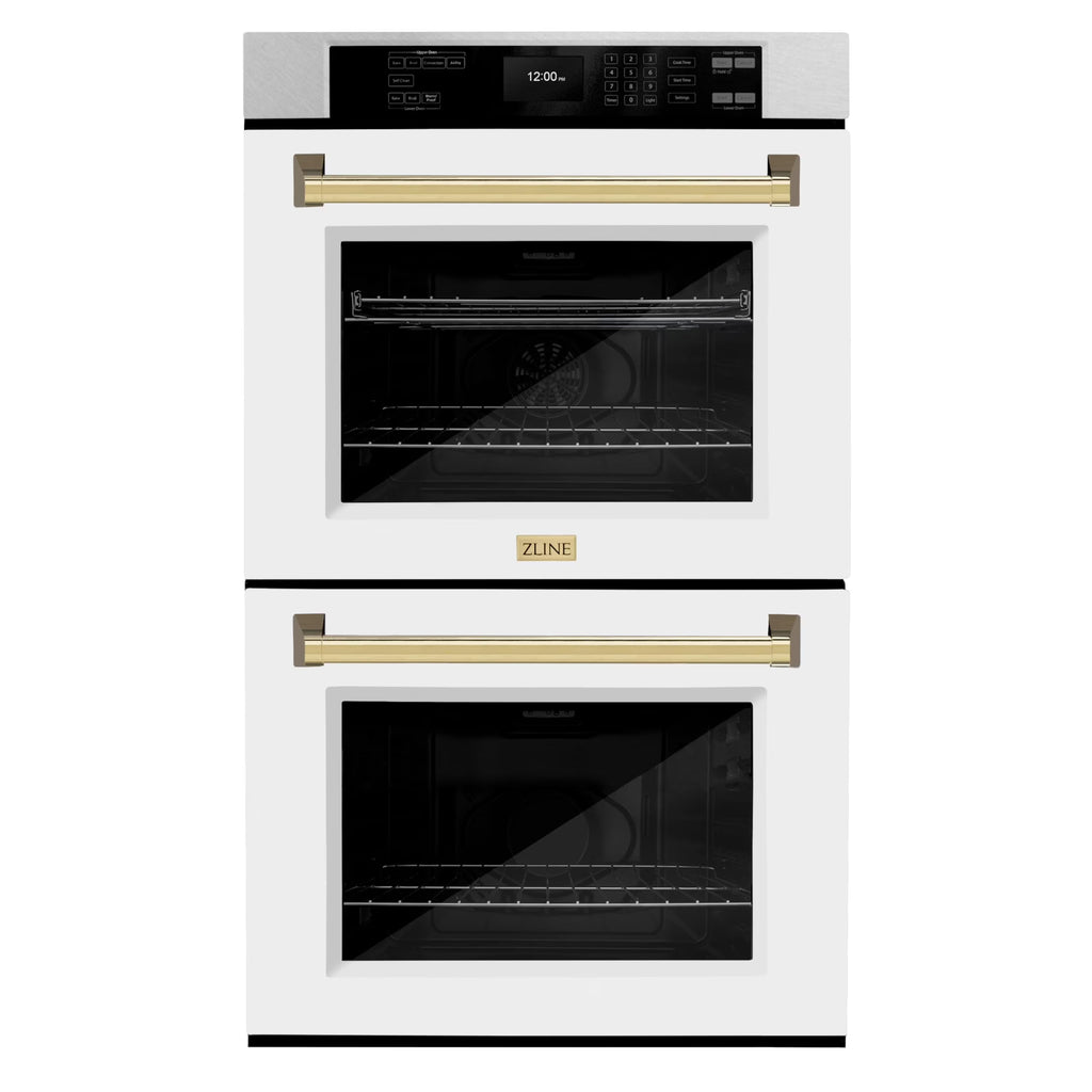 ZLINE 30 in. Autograph Edition Professional Convection Double Wall Oven with Air Fry and Self Clean in DuraSnow Stainless Steel with White Matte Doors and Polished Gold Handles (WADSZ-WM-30-G)