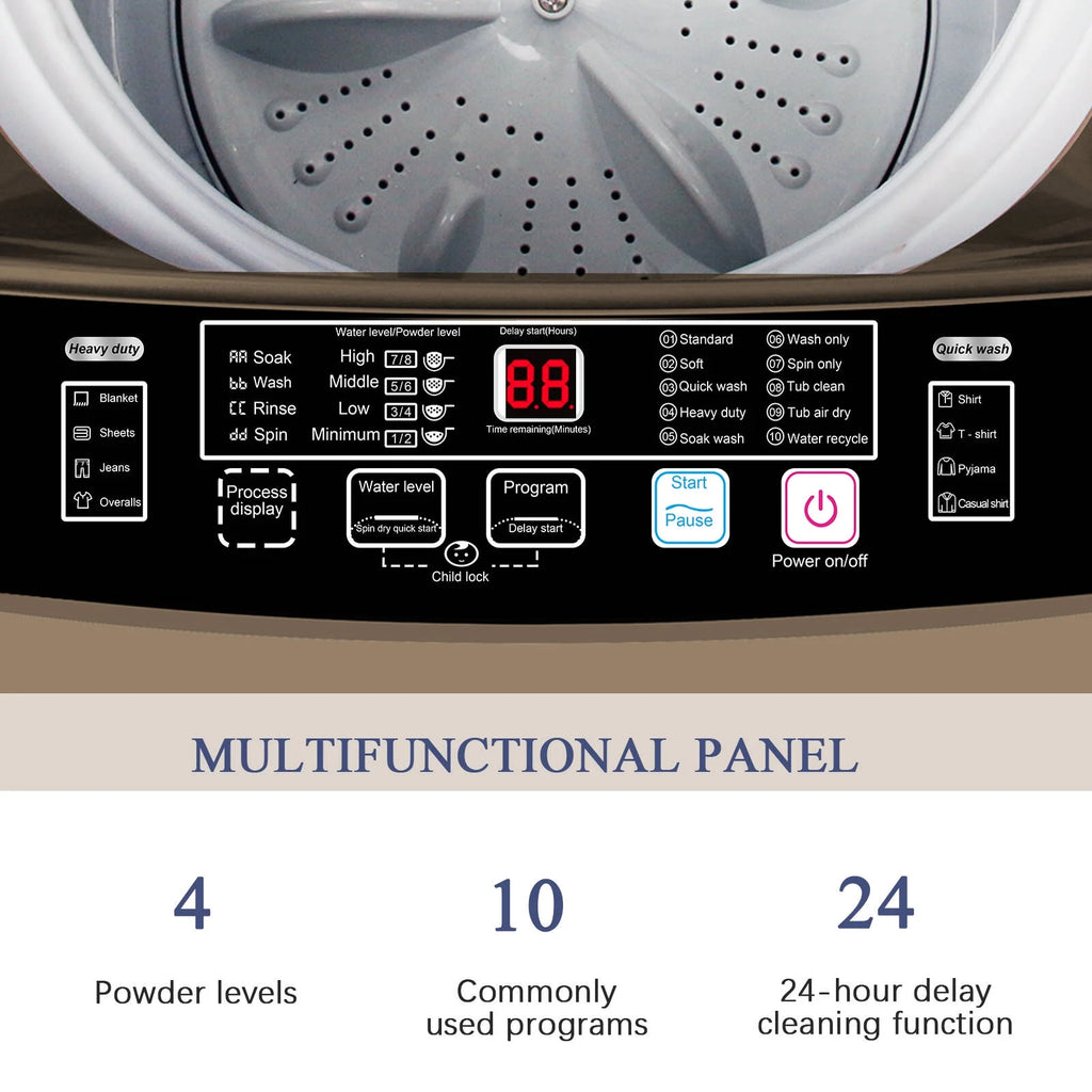 Krib B Full Automatic Washing Machine with Drain Pipe, 17.7 lbs Portable Washers with 10 Programs & 8 Water Levels, Suitable for Apartment, Dorm, Grey