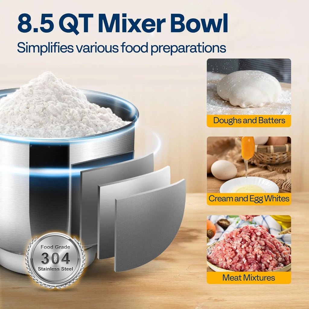 SPECSTAR 6 in 1 Multifunctional Stand Mixer with 8.5 Quart Stainless Steel Bowl, 660W 10 Speed Tilt-Head, Silver