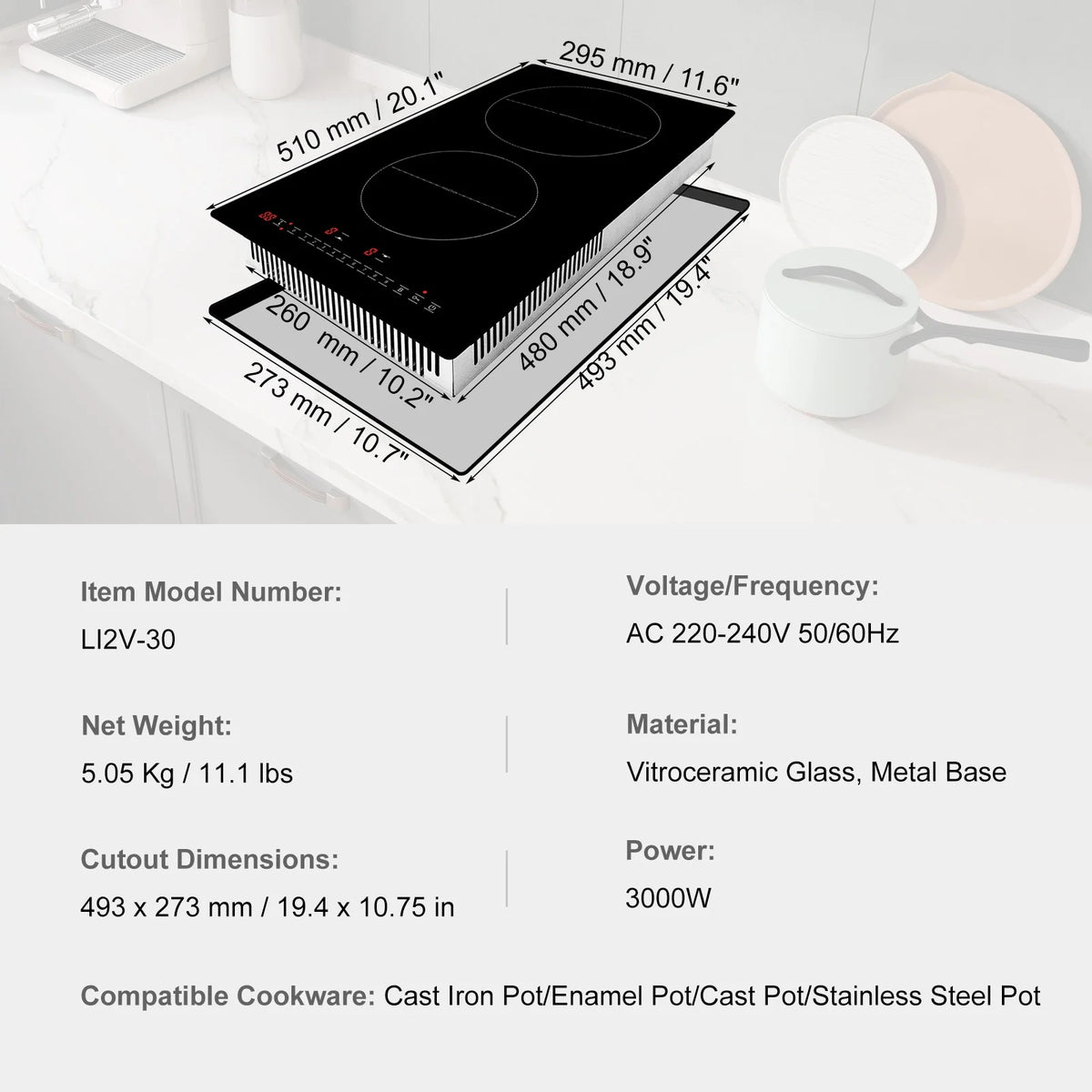 KFFKFF 2 Burner Electric Cooktop, 12 -Inch Built -In Electric Stove Top with 9 Heating Levels and Touch Control, Easy To Clean Ceramic Glass Surface