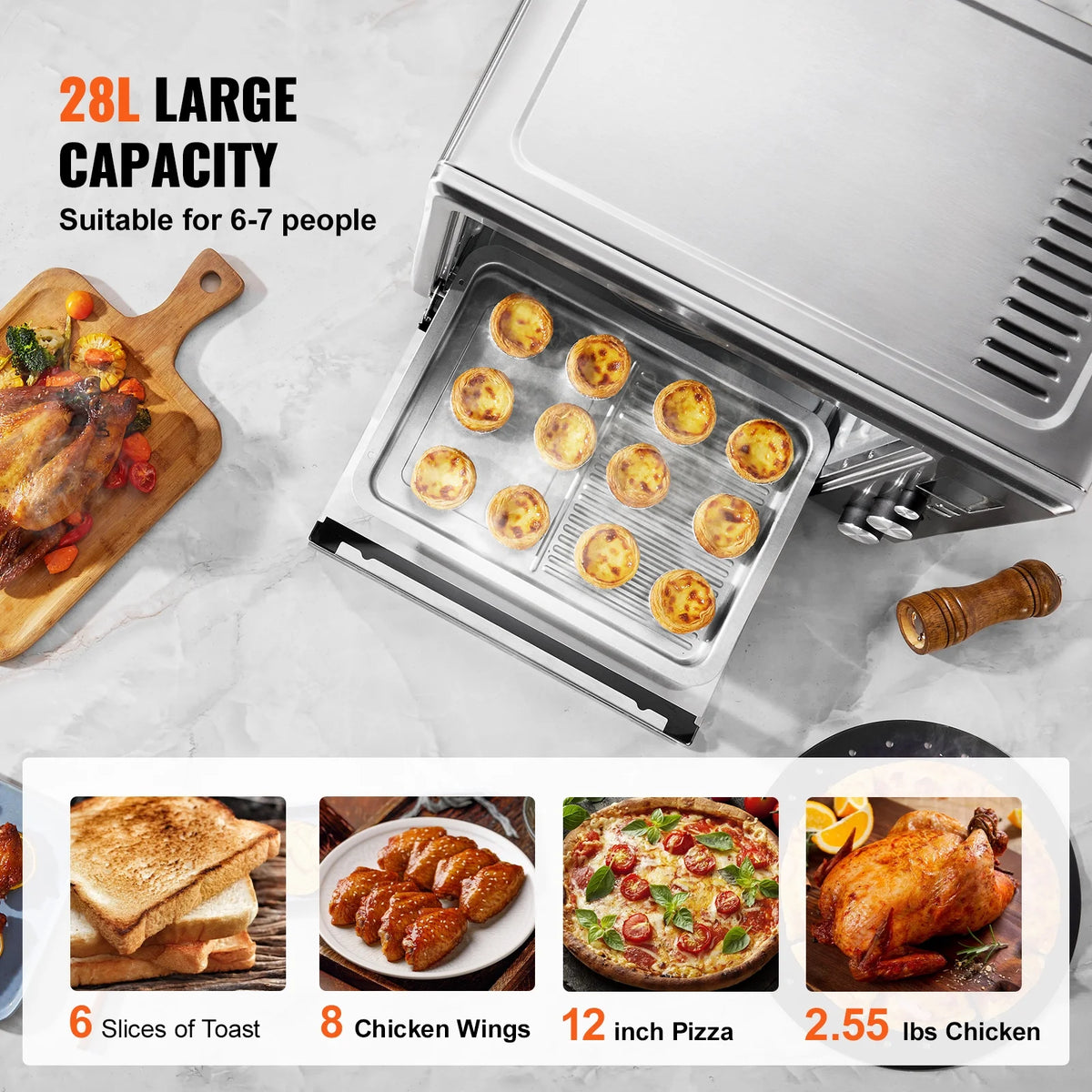 KFFKFF 10-Function Convection Oven, 28L/29.6Qt Versatile Standard Oven for Countertop, 1800W 4-Level Toaster with Transparent Front Door, Includes Trays Wire Racks Gloves