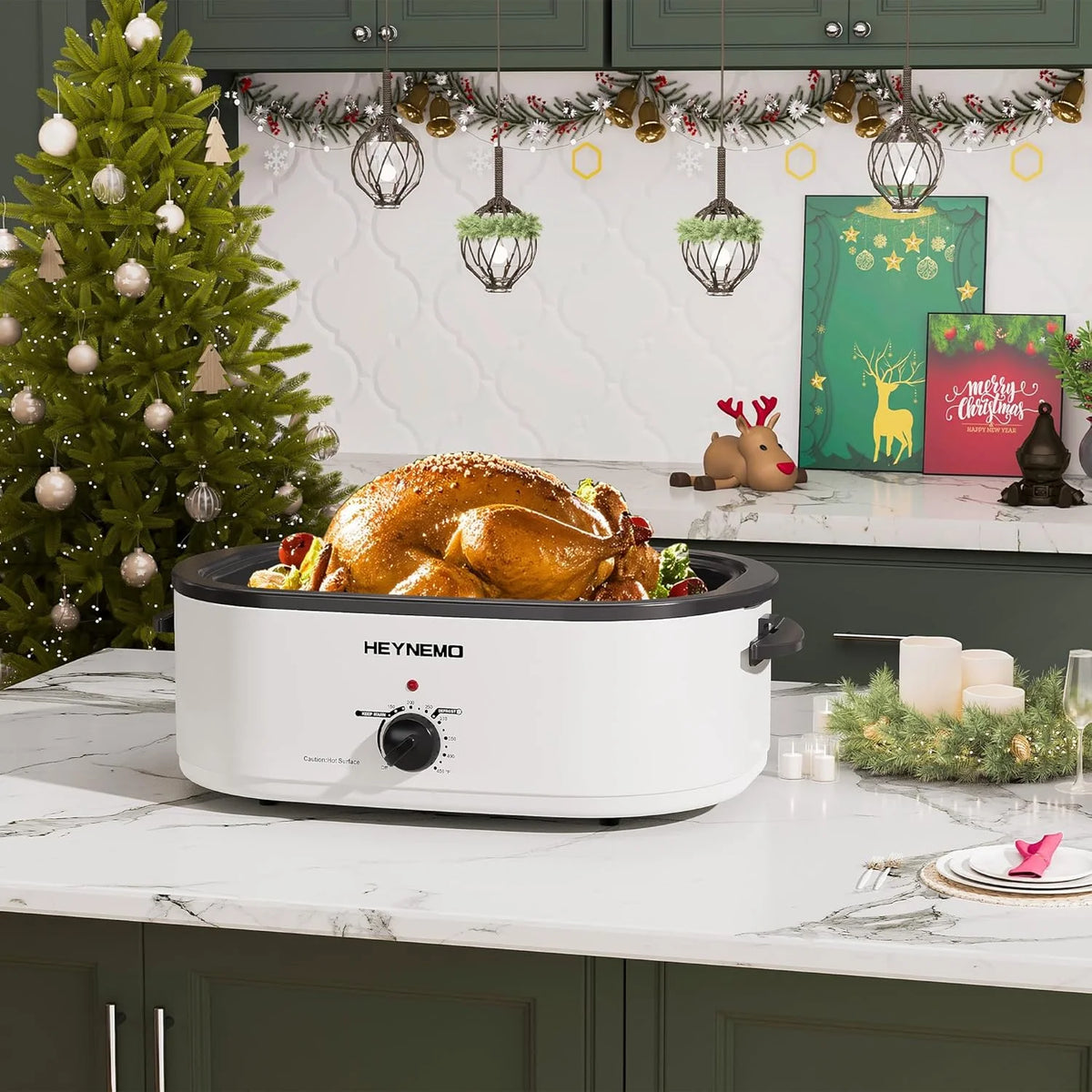 18 Quart Electric Roaster Oven, Turkey Roaster Electric, Roaster Oven Buffet, Selfbasting Lid, Removable Pan, Full-Range Temperature Control Cool-Touch Handles, White Body, Black Lid