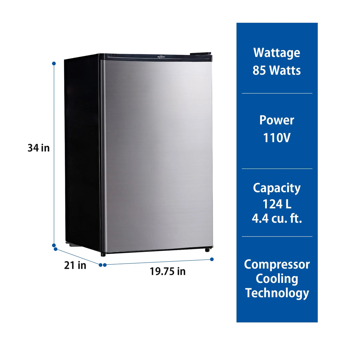 Koolatron Stainless Steel Compact Fridge with Freezer, 4.4 cu ft (124L)