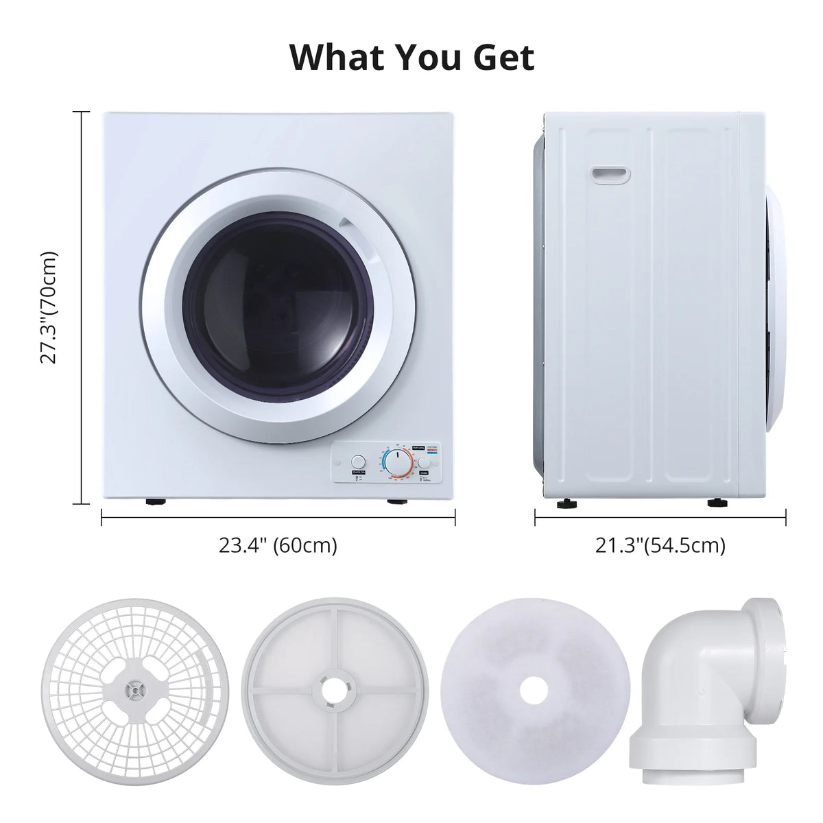 1500W Electric Portable Clothes Dryer, 8.82 lbs Capacity Front Load Compact Tumble Laundry Dryer with Stainless Steel Tub, Easy Control Button Panel Downside for Variety Drying Mode, White