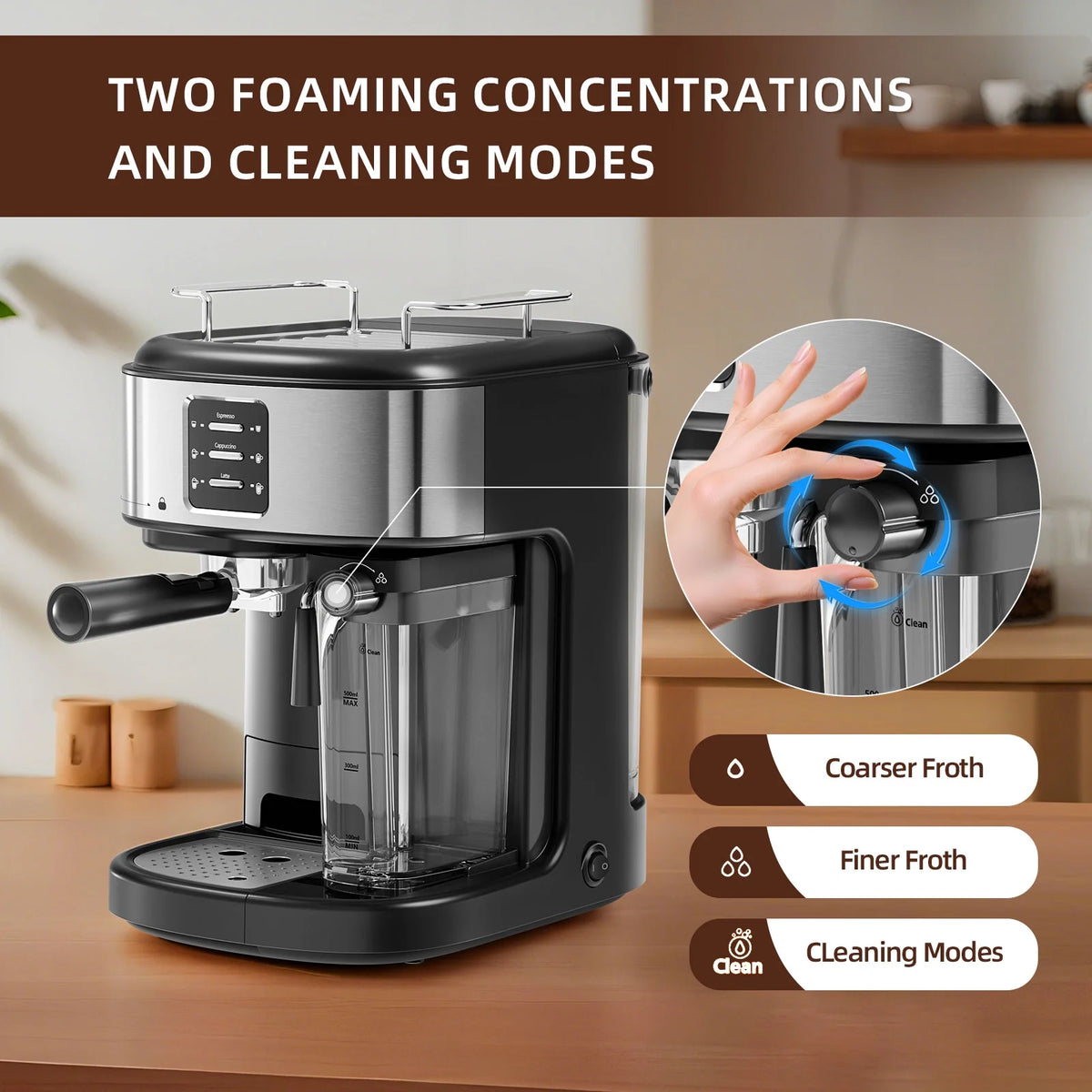 Auseo 20 Bar Espresso Machines, Espresso Coffee Maker with Milk Frother Steam Wand, Ground Coffee & Capsules, Black and Stainless Finish, Espresso/Cappuccino/Latte/Mocha for Home